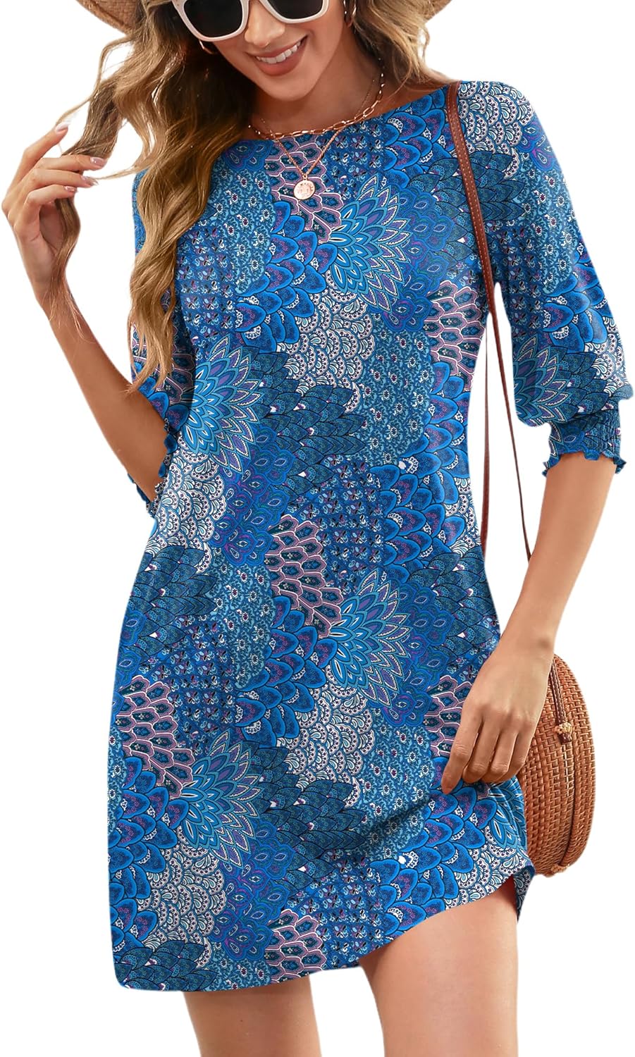 LUYAA Dresses for Women 2025 Easter Dress 3/4 Puff Sleeve Round Neck House with Pockets Trendy 2025 Summer Wedding Guest Dress for Woman M - Image 2