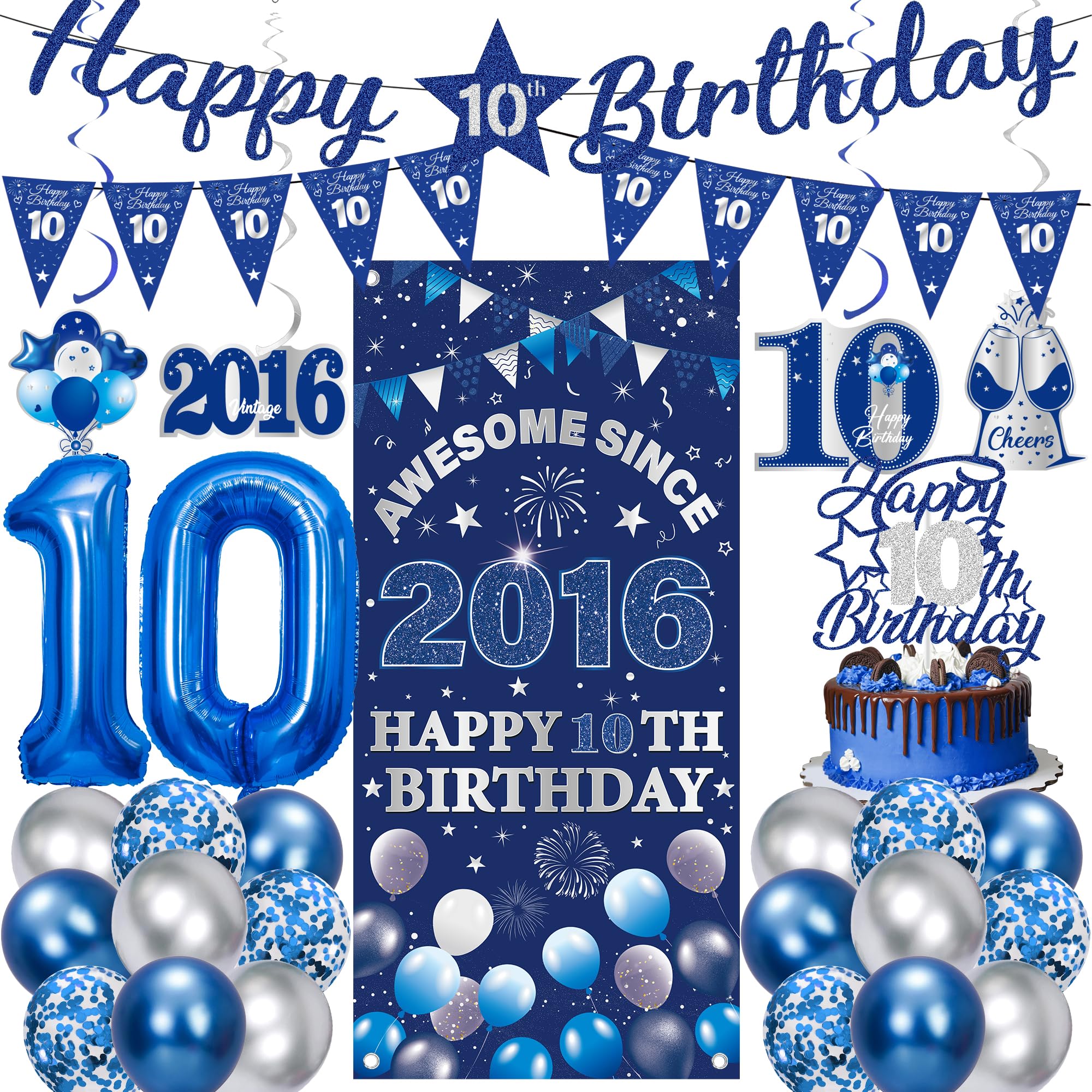 10th Birthday Decorations Boys Girls - 27 Pcs Blue Silver Happy 10th Birthday Banner Triangular Flag Hanging Swirls Backdrop Cake Topper 10 Balloon Set for 10 Years Old Party Decoration Supplies