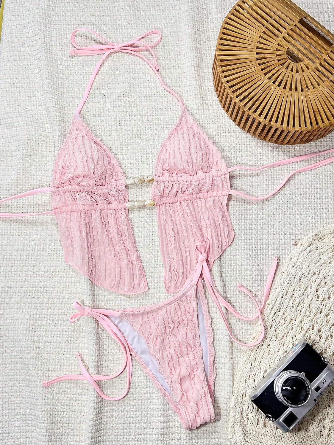 ZAFUL Halter Swimsuits for Women Textured Backless 2 Piece Bathing Suits Cheeky High Cut String Tie Side Bikini Sets - Image 5