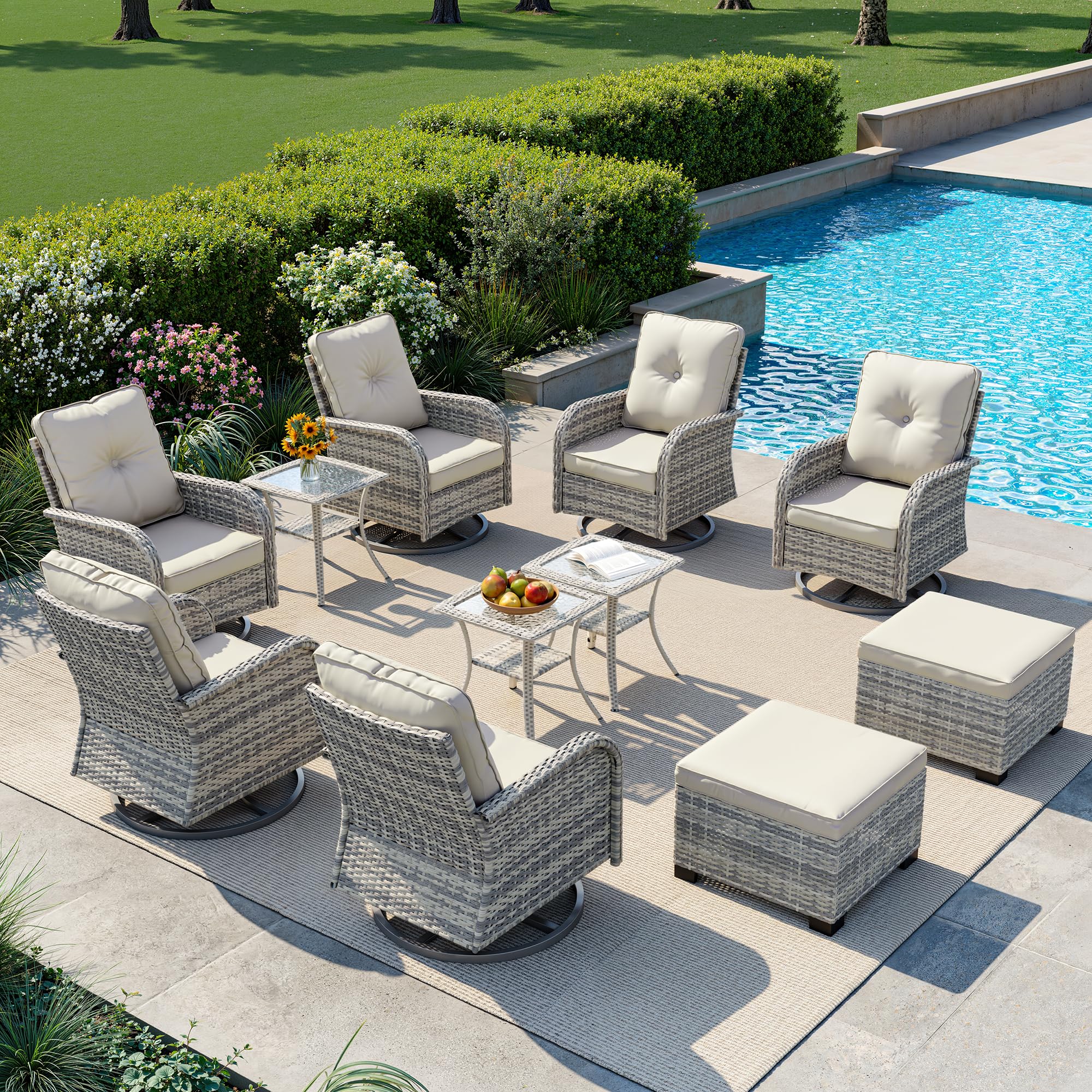 11-Piece Small Patio Furniture Set, Outdoor Swivel Rocking Chairs Set with Ottomans, Patio Bistro Set for Balcony, Deck, Porch,Ivory