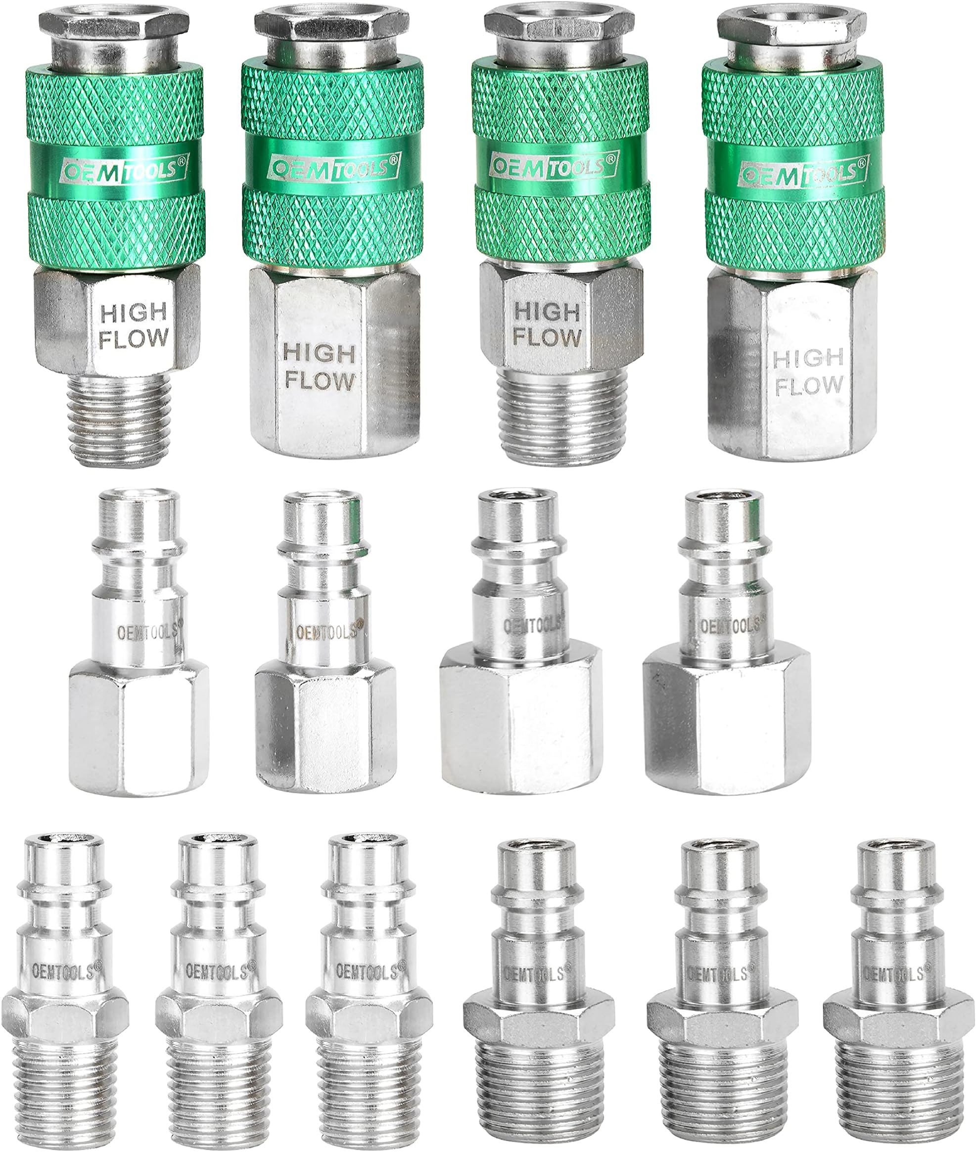 26134 High Flow Quick Connect Hose Fittings, 14 Pc Coupler & Plug Kit, 1/4" Body, 1/4" NPT, Air Tool Fittings
