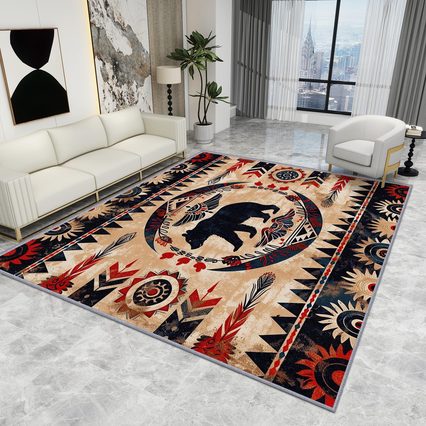 Boho Tribal Rug - Tribal Rug - Southwestern Aztec Bear Rugs, Rustic Ethnic Native American Carpet, Washable Rug Non Slip Low Pile Soft Large Area Rugs, Tribal Home Decor Gifts, 120 X 120 cm