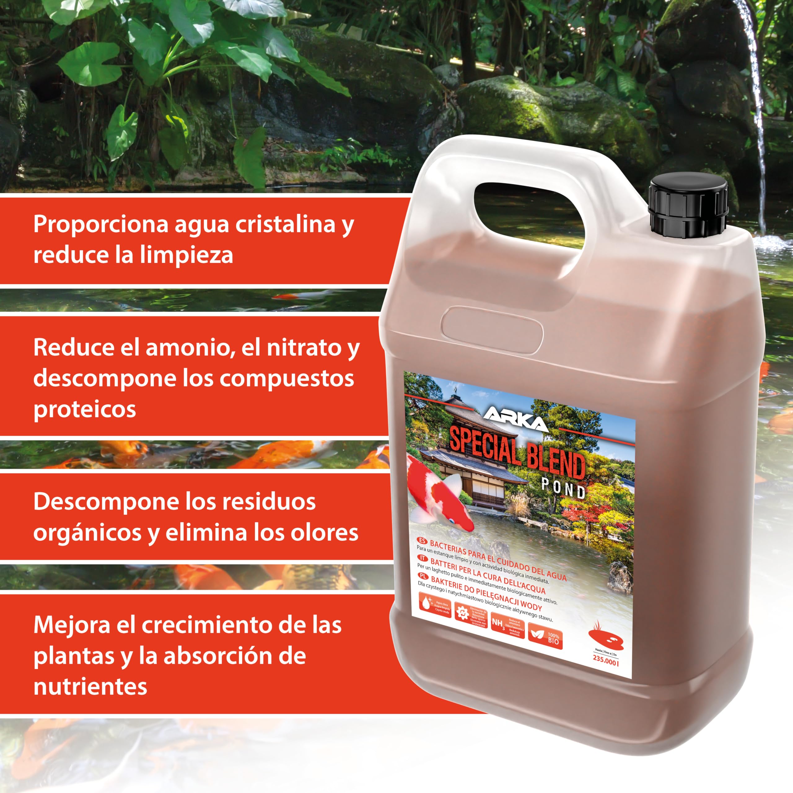 ARKA Pond Special Blend - 3785 ml - Mezcla de bacterias Altamente activas para la Limpieza del Agua de Estanque, descompone Las impurezas y es biológicamente Activo de Forma inmediata.