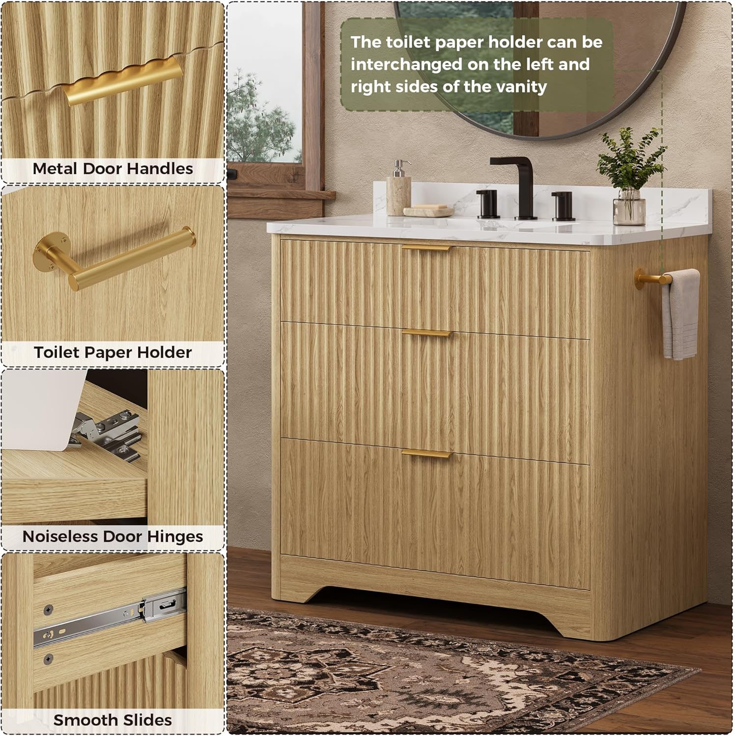 IRONCK 36 inch Bathroom Vanity with Ceramic Sink, Freestanding Wood Grain Sink Cabinet with 3 Storage Drawers (2 Standard + 1 Flip-Down), Farmhouse