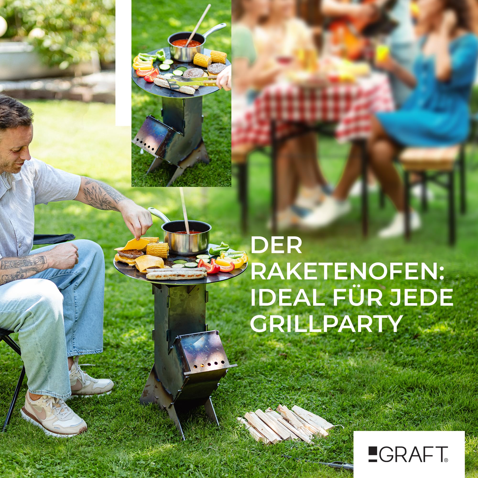 GRAFT Raketenofen inkl. Grillplatte Rocket Stove Stecksystem aus massivem 3 mm dickem Stahl | Feuerschale | Pelletofen | Holzofen | Campingkocher | Campinggrill | Holzkochherd