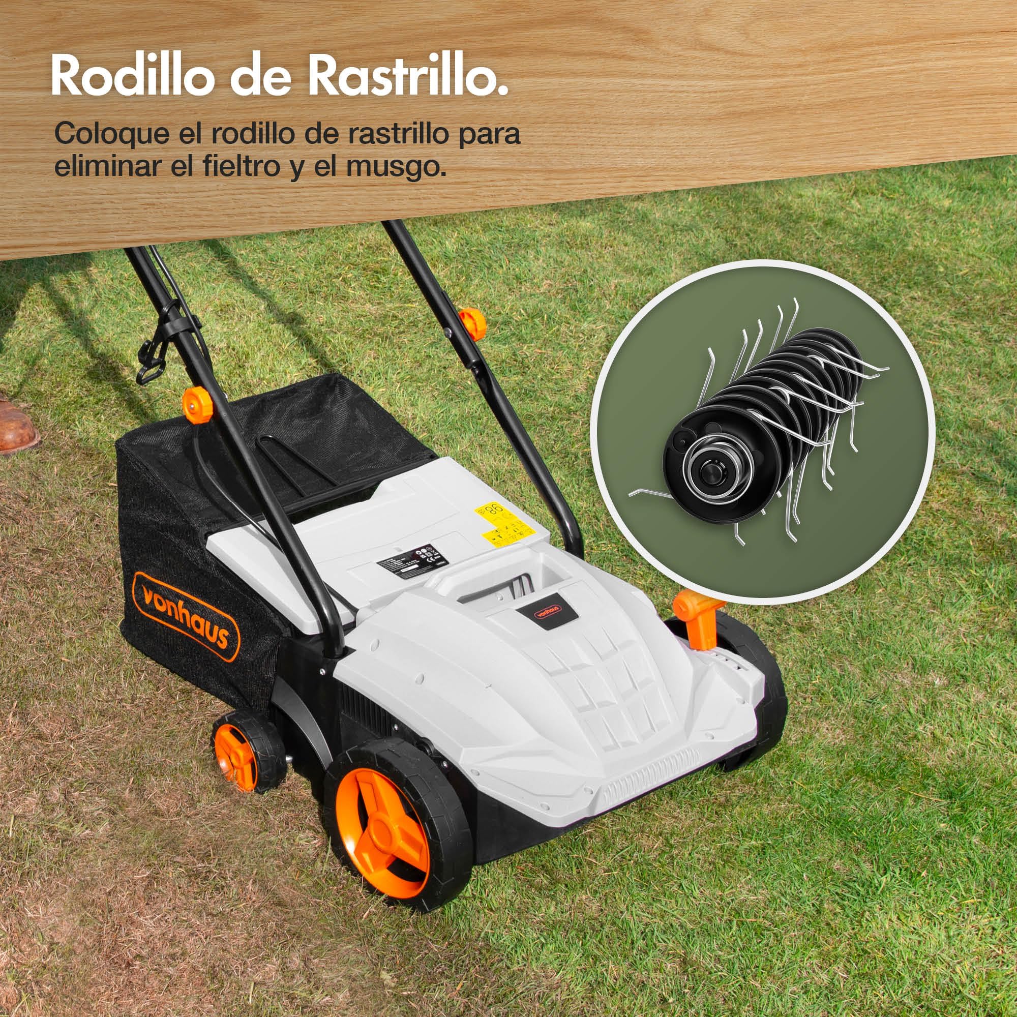 VonHaus Escarificador/Aireador/Rastrillo Eléctrico 1500W – Para Escarificar Y Rastrillar El Césped, Elimina Fieltro, Musgo Y Hojas Secas, Aireación Del Suelo, Caja 30L, 4 Alturas, Ancho 32cm