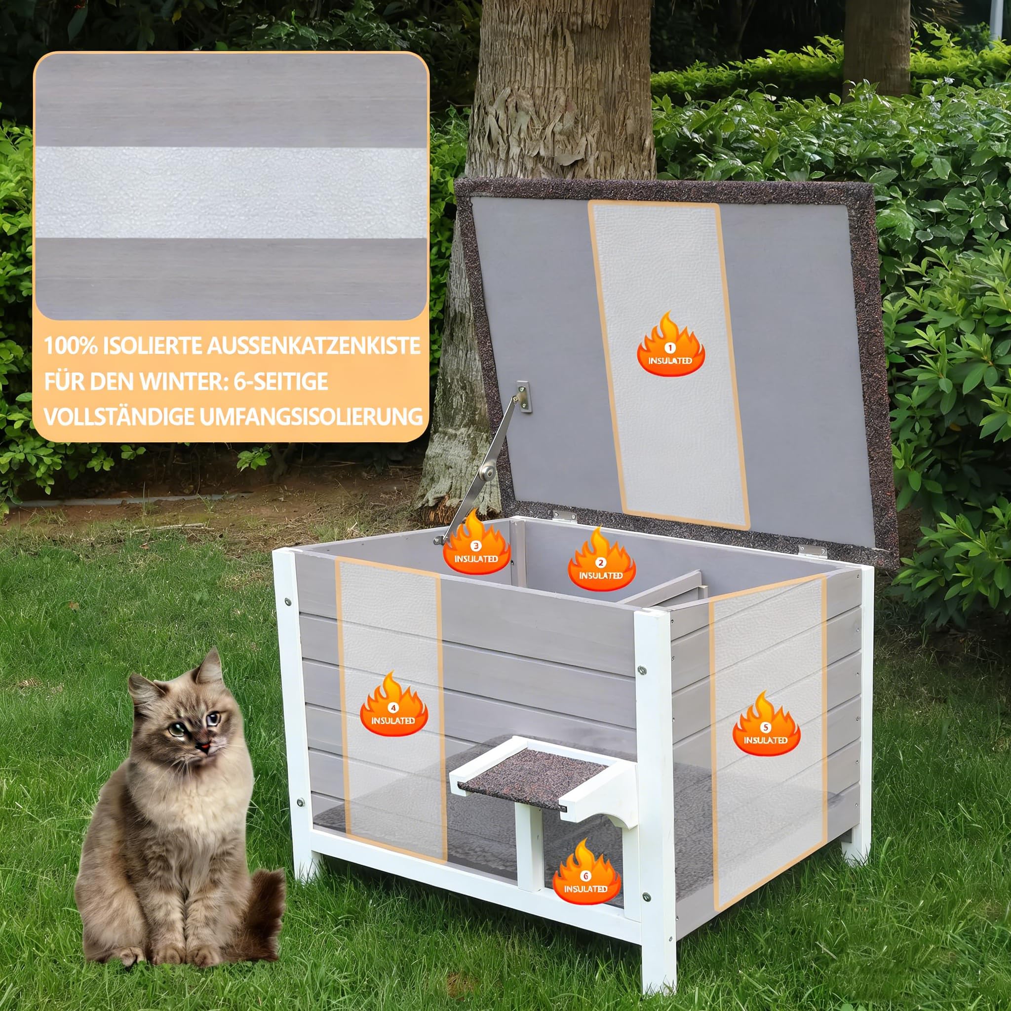 Katzenhaus Outdoor aus Holz, Katzenhaus wetterfest, Katzenhütte für mehrere Katzen, Katzenbox aus Holz für draußen, schaumisolierte Wände, offenes Dach, Türklappen aus PVC, Modern Grau