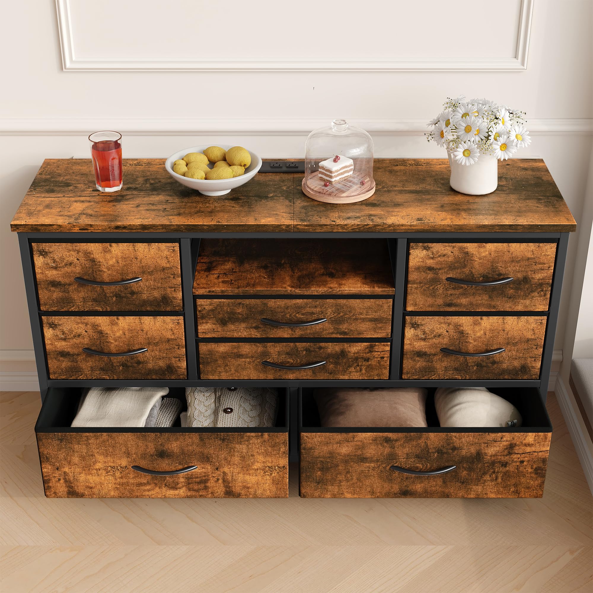 Garvee Commode de Chambre 8 Tiroirs en Tissu, Meuble TV avec Lumière LED, Station de Charge, Meuble de Rangement pour Chambre Enfants, Salon, Couloir