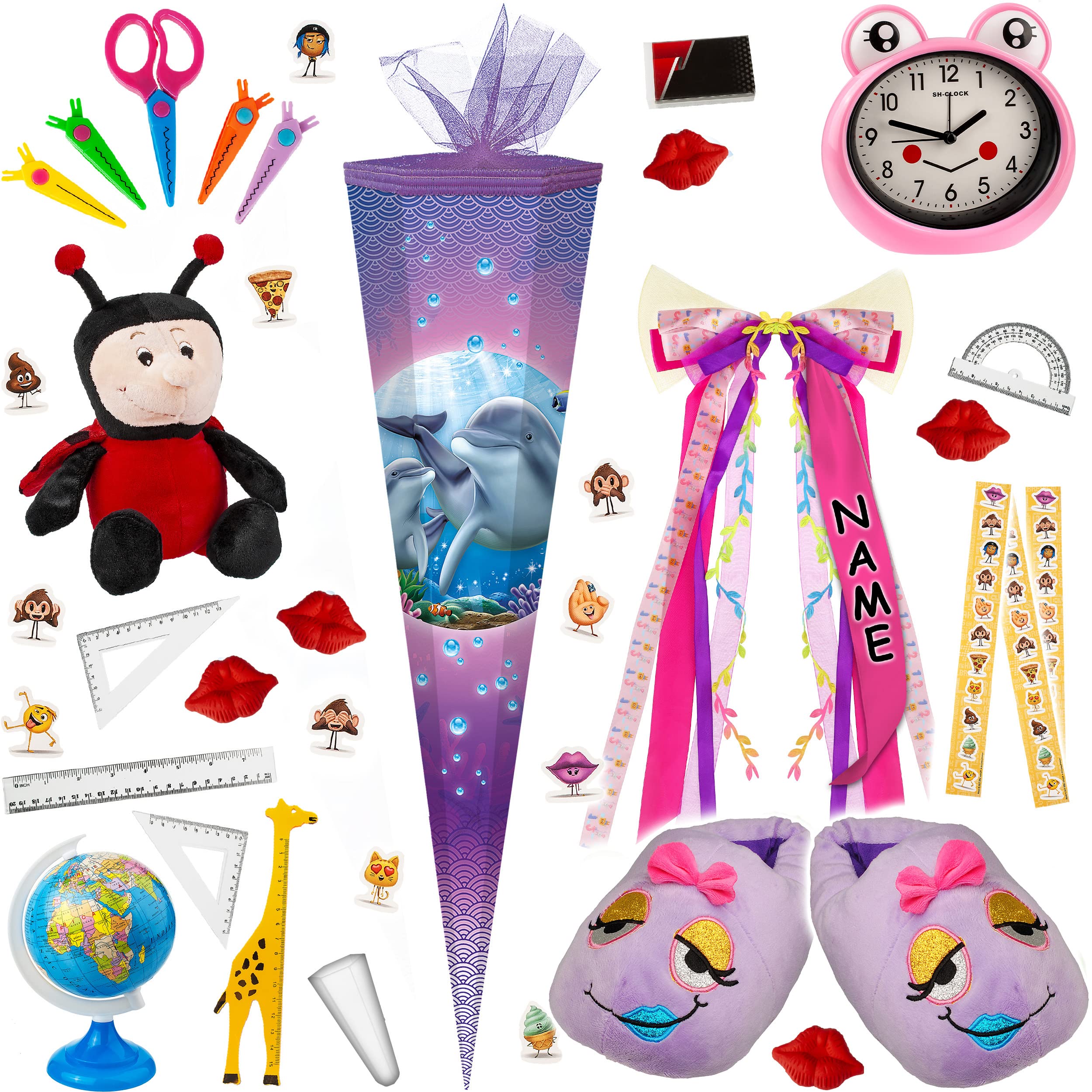 alles-meine.de GmbH Schultüte - mit 3D Glitzer - Effekt ! - Delfin & Fische - 50-85 cm - Größe wählbar - inkl. komplette Füllung + Name + Bänder Schleife + Kunststoff Spitze - ..