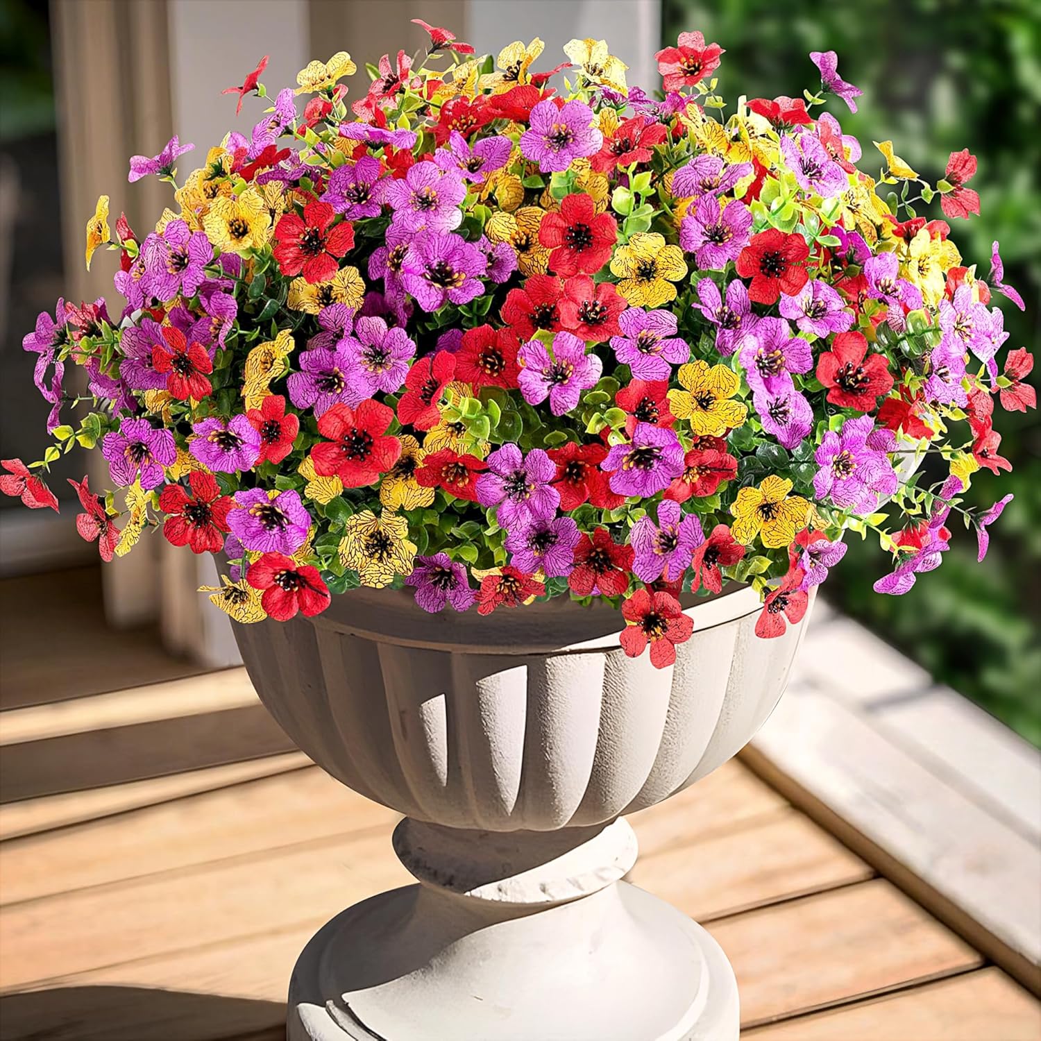 Artificial Flowers for Outdoors Potted Spring Decor, 12 Bundles Fake Summer Daisy with Realistic Eucalyptus Leaves, Faux Plants for Greenery Boxwood Porch Patio Garden Pot Lawn(Red Purple Yellow) - Image 5