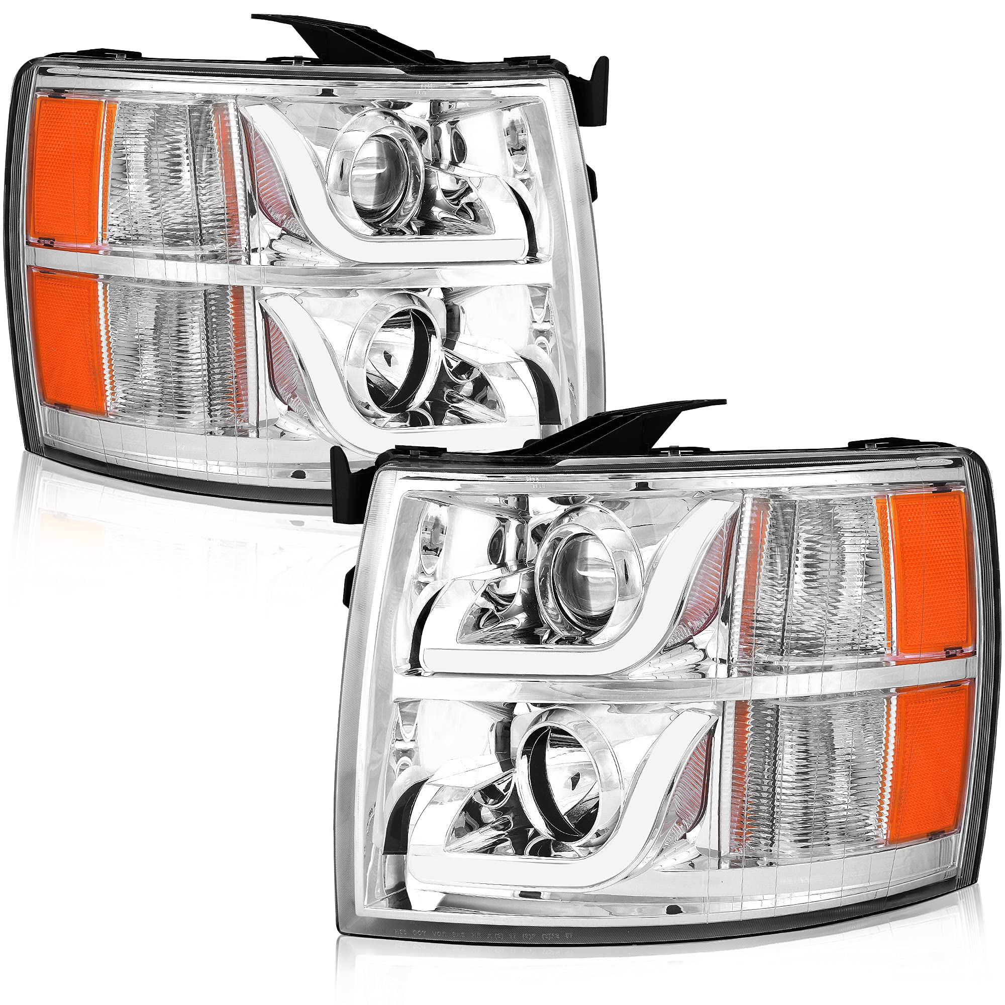 OEDRO Headlight Assembly for 2007-2013 Chevy Silverado 1500/2007-2014 Chevrolet Silverado 2500 3500 HD Headlights with LED Tube Headlamp Housing Chrome