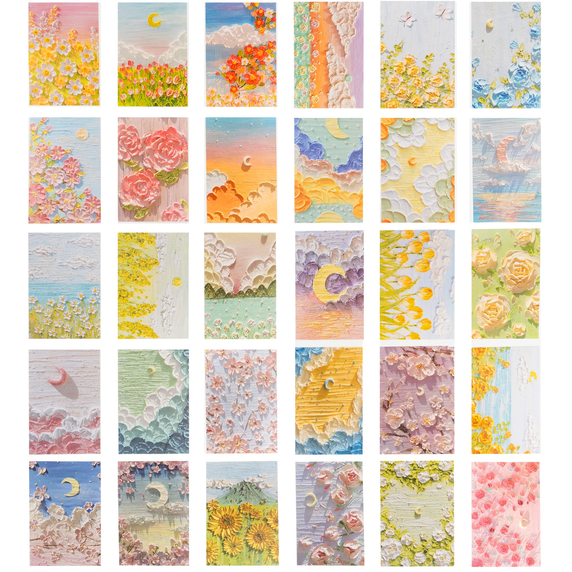 Sunch Craft 60 Sheets Vintage Oil Painting Postcards 3D Aesthetics Art Greeting Cards Flower Moon Sea Pattern Postcards