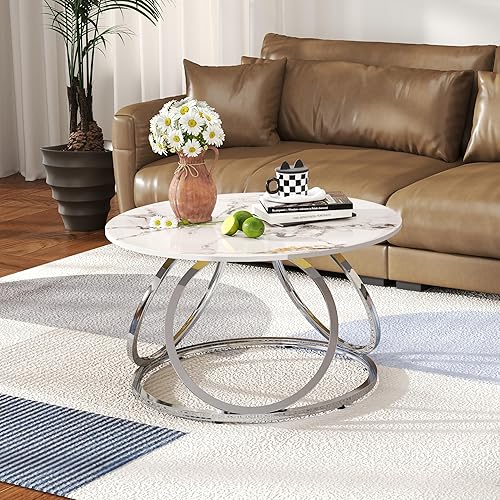 O&K FURNITURE Mesa de centro redonda plateada, mesa de piedra sinterizada y marcos en forma de anillo, moderna mesa central de aspecto de mármol