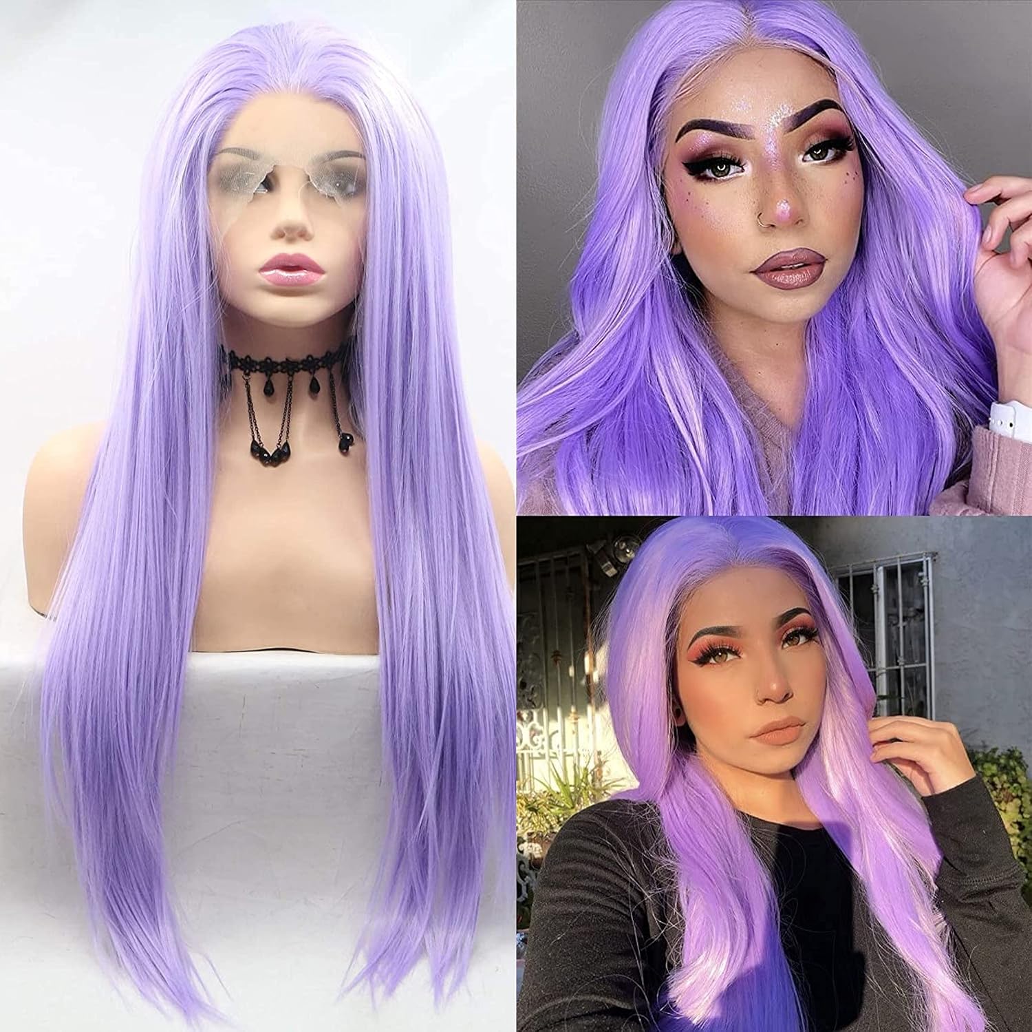 Pastel Lilac Purple Wig High Temperature Friendly Synthetic Lace Front Wigs for Women Ladies Cosplay Mermaid Drag Queen Long Straight Wigs (24 Inch
