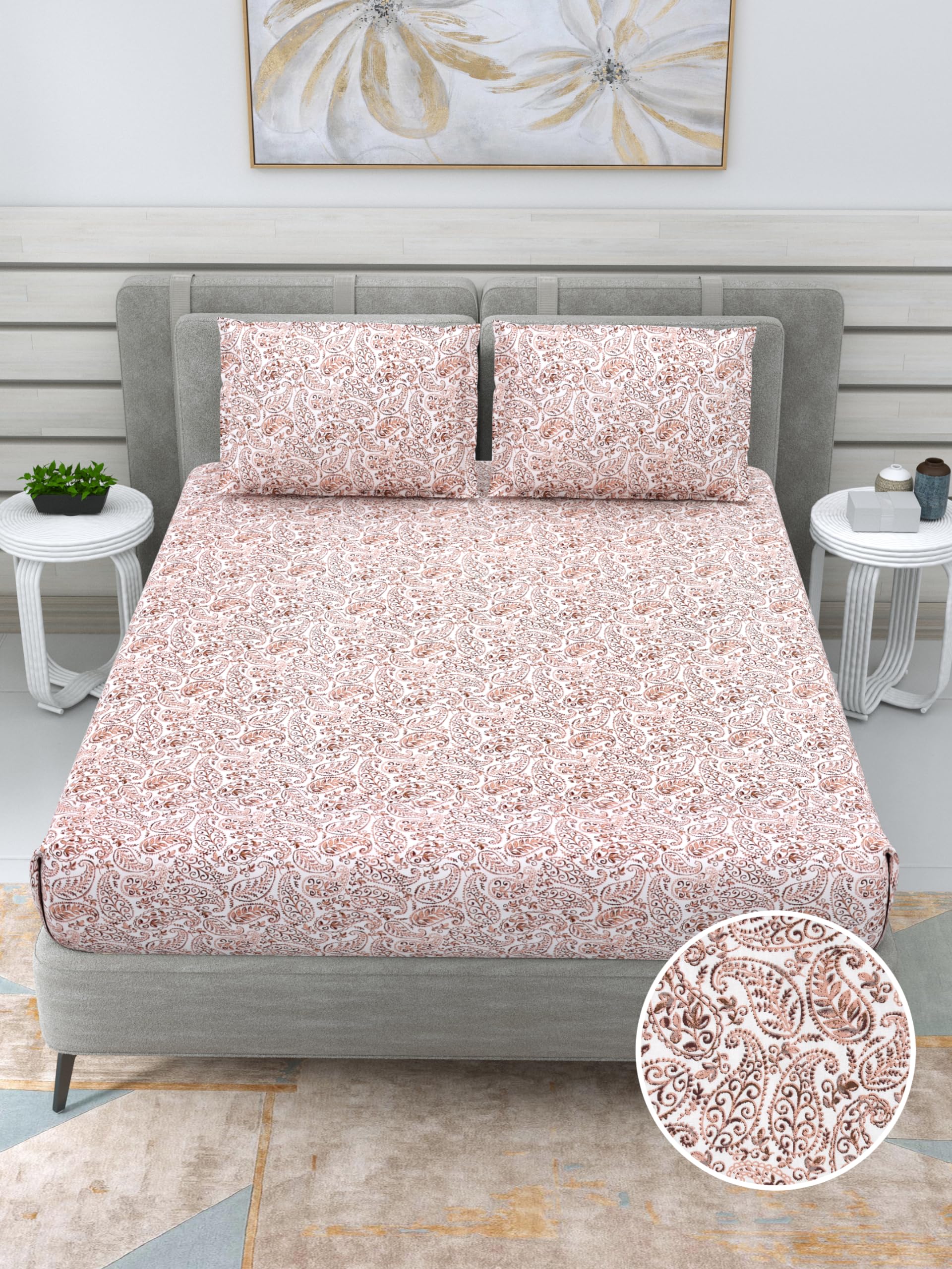 THE LINEN COMPANY Super King Size All Round Elastic Fitted Bed Sheets with 2 Flange Pillow Covers | 300 TC Premium Cotton Bedsheet Easy Wash Soft Satin Weave 78X78 inch - Copper Paisley