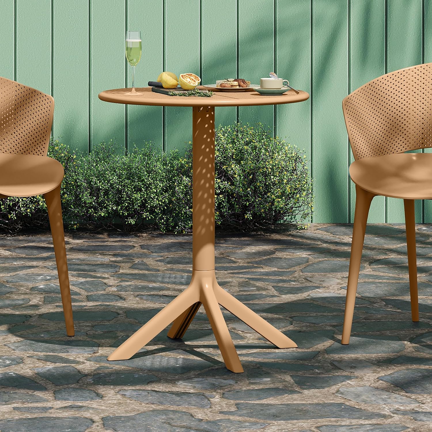 Christopher Knight Home Elshore Patio Bistro Table, Outdoor Plastic Round Table with Pedestal Base, Compact Bistro Table for Garden/Balcony/Poolside, Modern Coffee Table, Accent Table, Brown Yellow