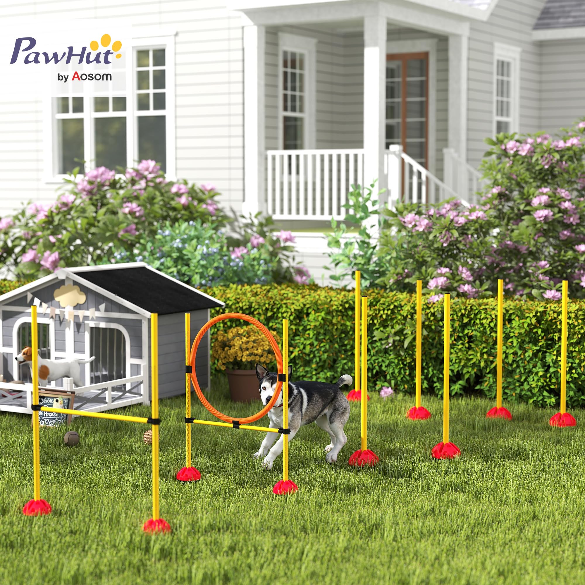 PawHut Set Agility Cani 4 pezzi riempibili per l'addestramento dei cani Set di ostacoli con pali per slalom, ostacoli regolabili in altezza, anello per il salto e la coordinazione per l'addestramento