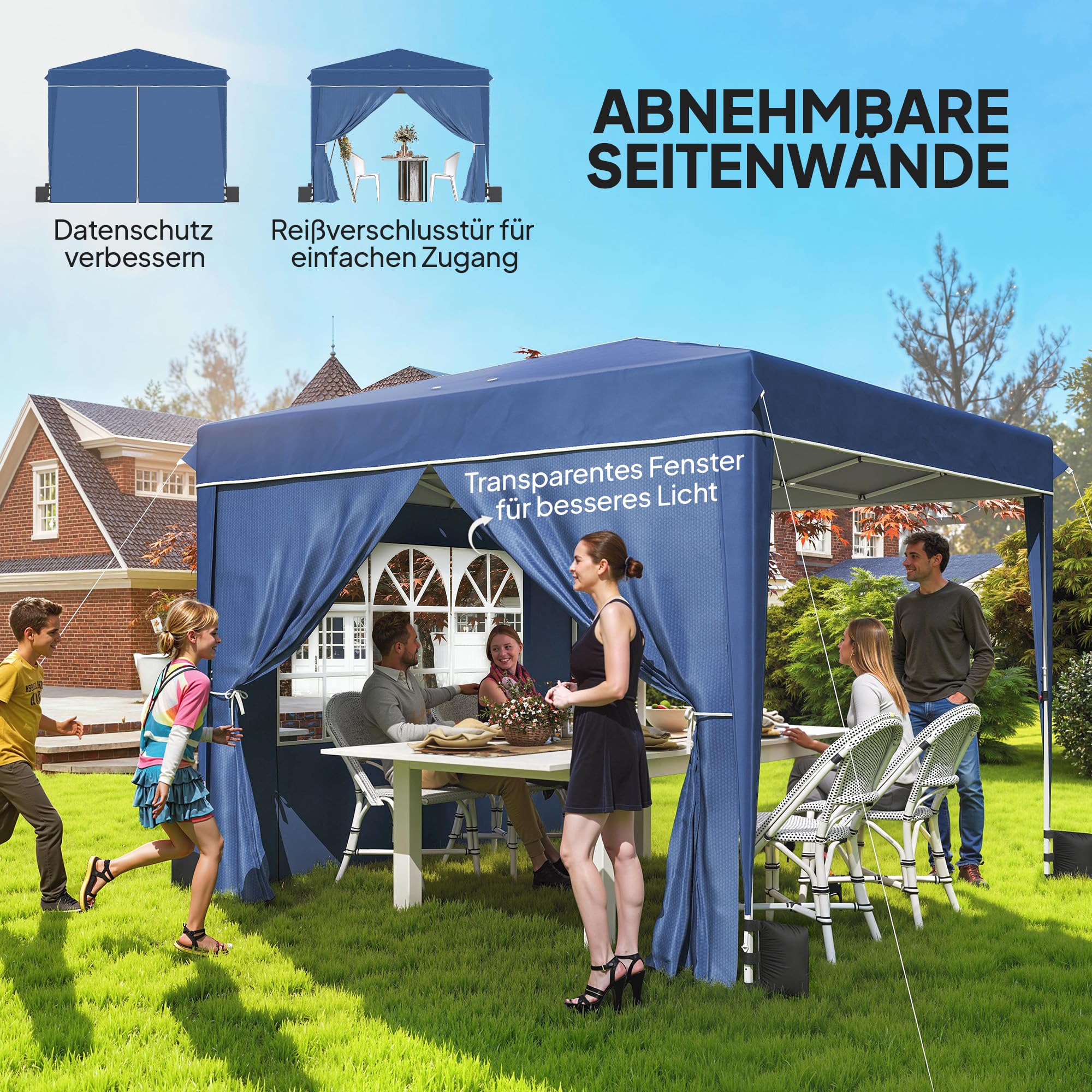 Outsunny Pavillon 3 x3 m Wasserdicht Höhenverstellbar Pop-up Dunkelblau