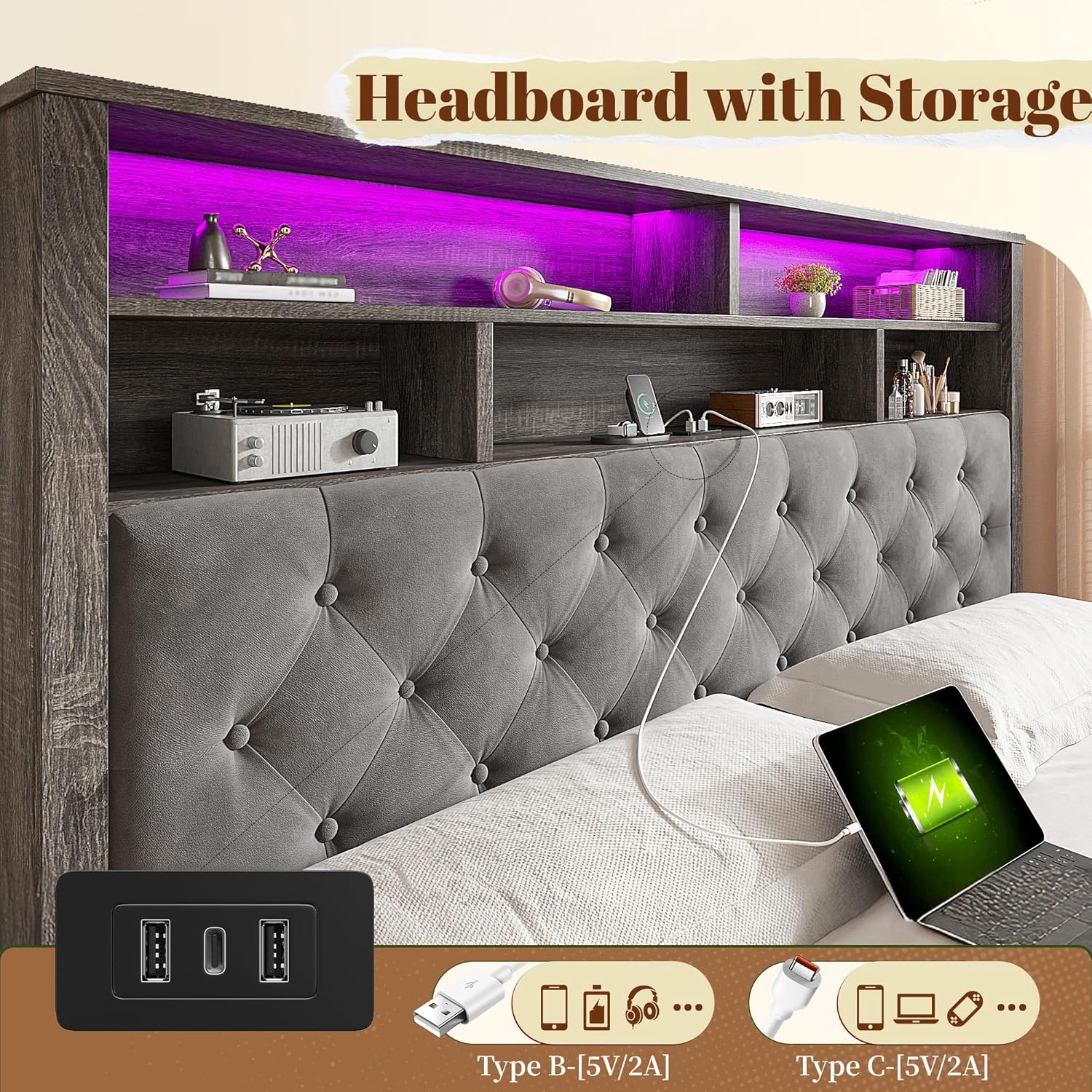 Diagram showing the dimensions of the Queen size bed frame: 89.9 inches L, 62.4 inches W, 47.1 inches H, with detailed headboard and drawer measurements. Also indicates 900 lbs weight capacity and recommended mattress height of 8-10 inches.