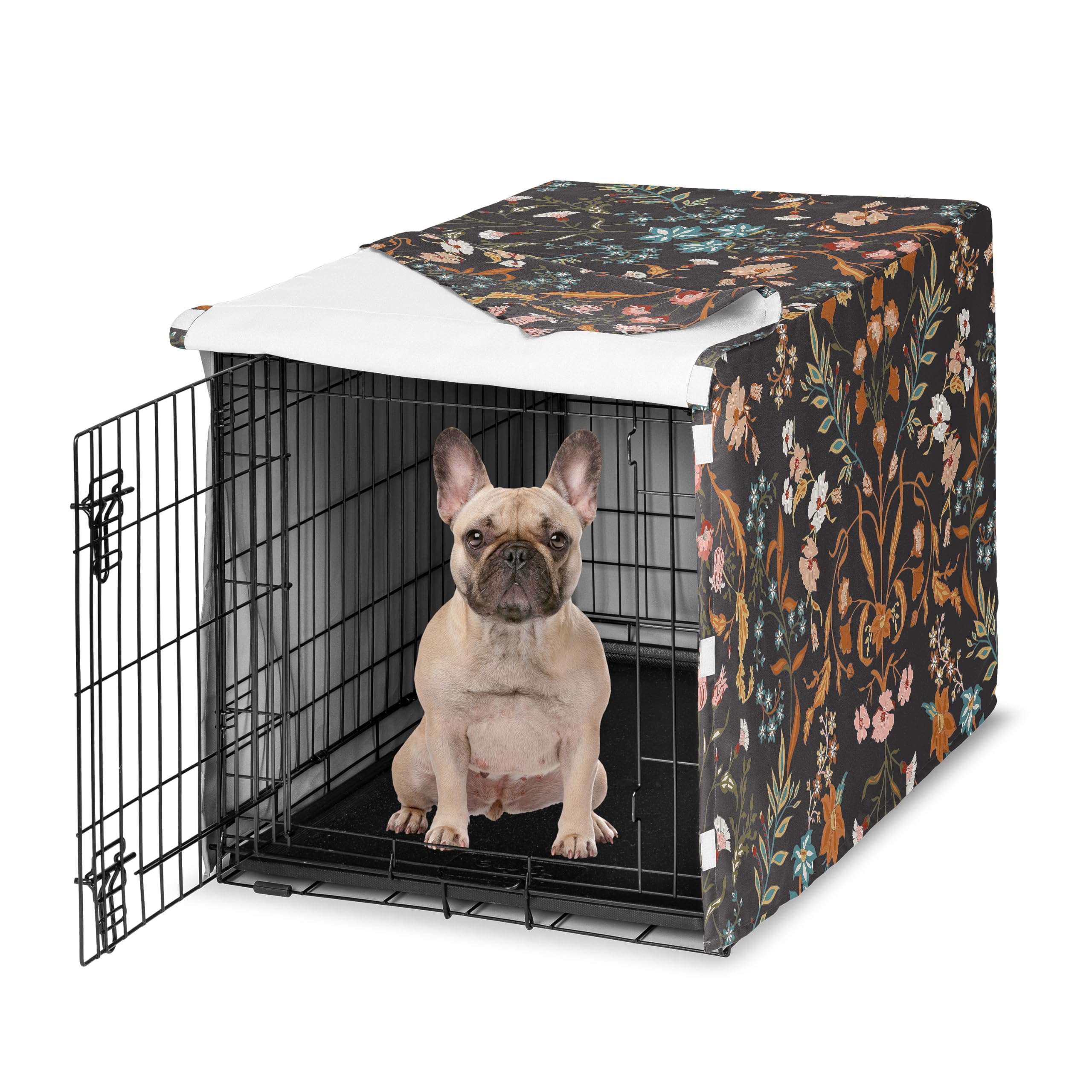 Sweet Jojo Designs 30in. Small/Medium Dog Crate Cover (Black Boho Wildflower) for Girls Pet Cage, Kennel Covers (Vintage, Floral, Leaves, Botanical, Paisley, Flower, Bohemian, Farmhouse, Orange, Blue)