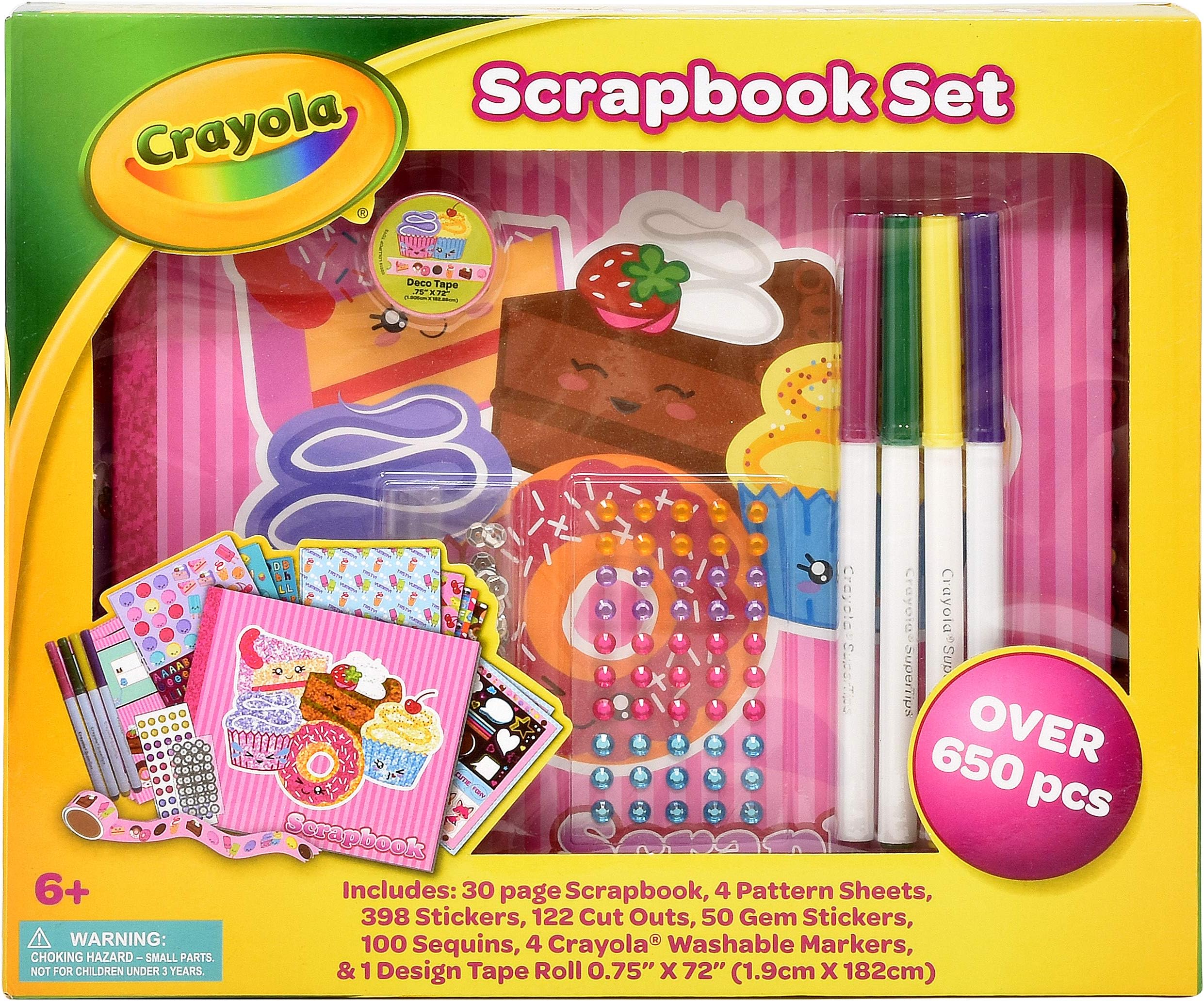 Crayola Scrapbook Activity Craft Kit, Mess Free Journal Set for Kids, Drawing Art Supplies Included Scrapbook, Pattern Sheets, Cut Outs, Gem Stickers, Sequins, Crayola Washable Markers and Tape