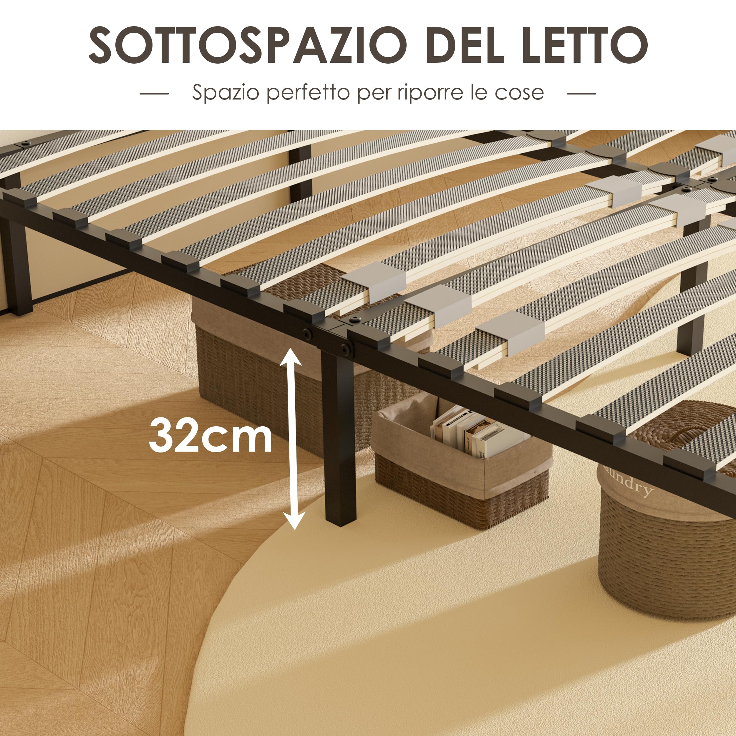 DEWINNER Rete Matrimoniale 160x190 cm, Altezza 35cm, Ortopedica con 9 Piedi,Letto Ferro Battuto con Rete a Doghe Matrimoniale regolatori di rigidità con Doppie doghe centrali