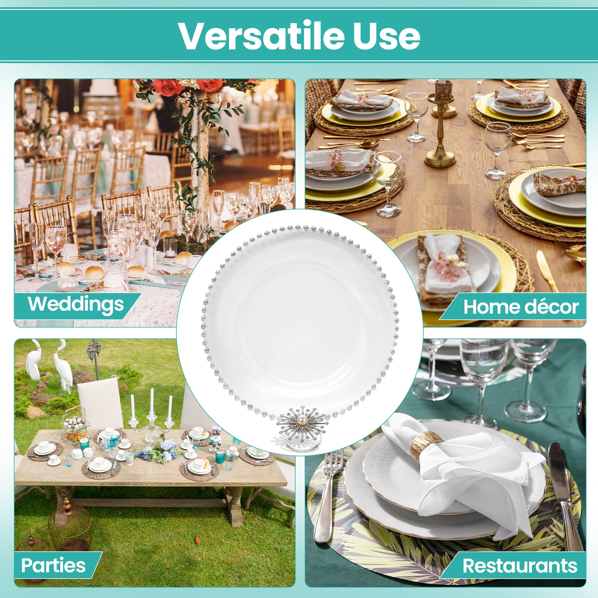 Trimming Shop Paquete combinado de platos de cristal transparente con cuentas plateadas de 13 pulgadas con servilleteros de diamantes de perla, perfectos para bodas, cenas, eventos, mesas y