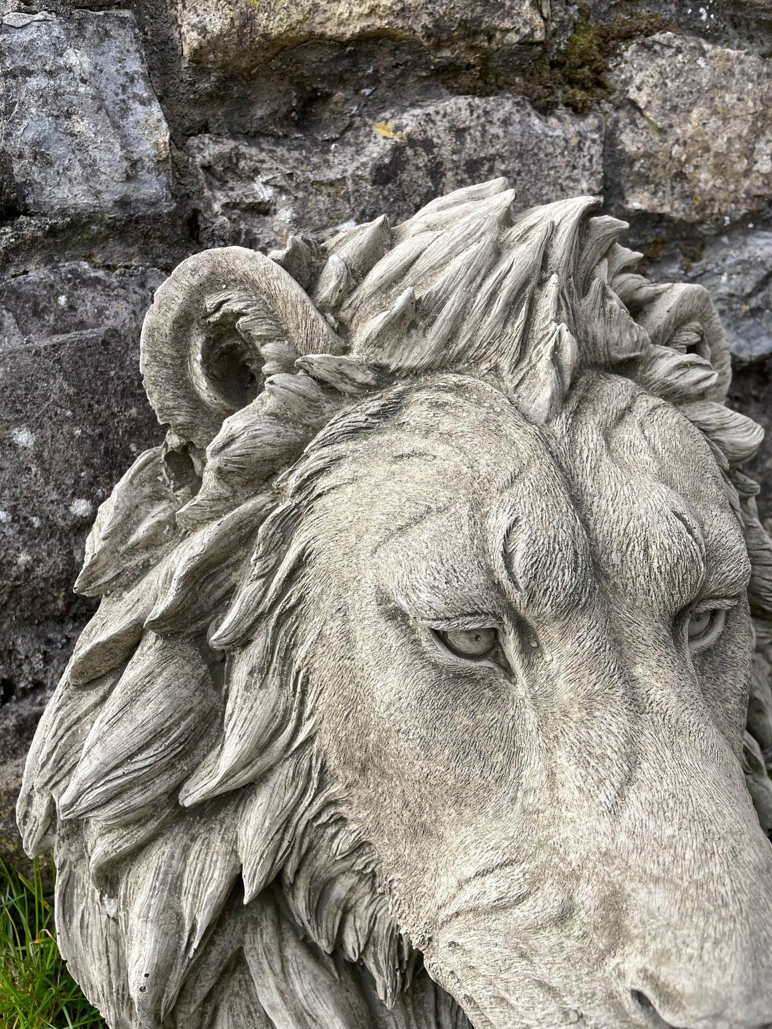 Estatua de piedra de cabeza de león grande | Busto de animal africano para decoración de jardín al aire