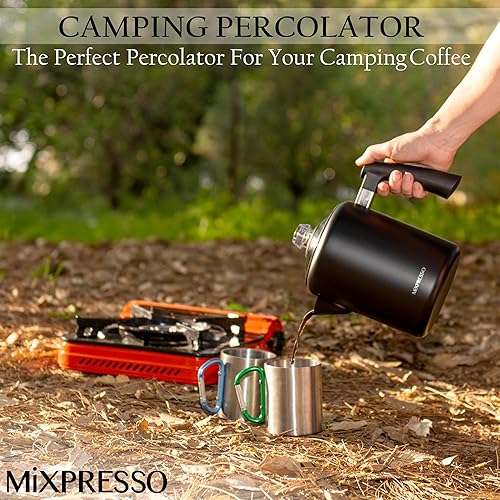 Miniatura 6 de Mixpresso Percolador de café de acero inoxidable negro, cafetera clásica de 37 onzas, ideal para olla de campamento, cafetera de 5 a 8 tazas, mango