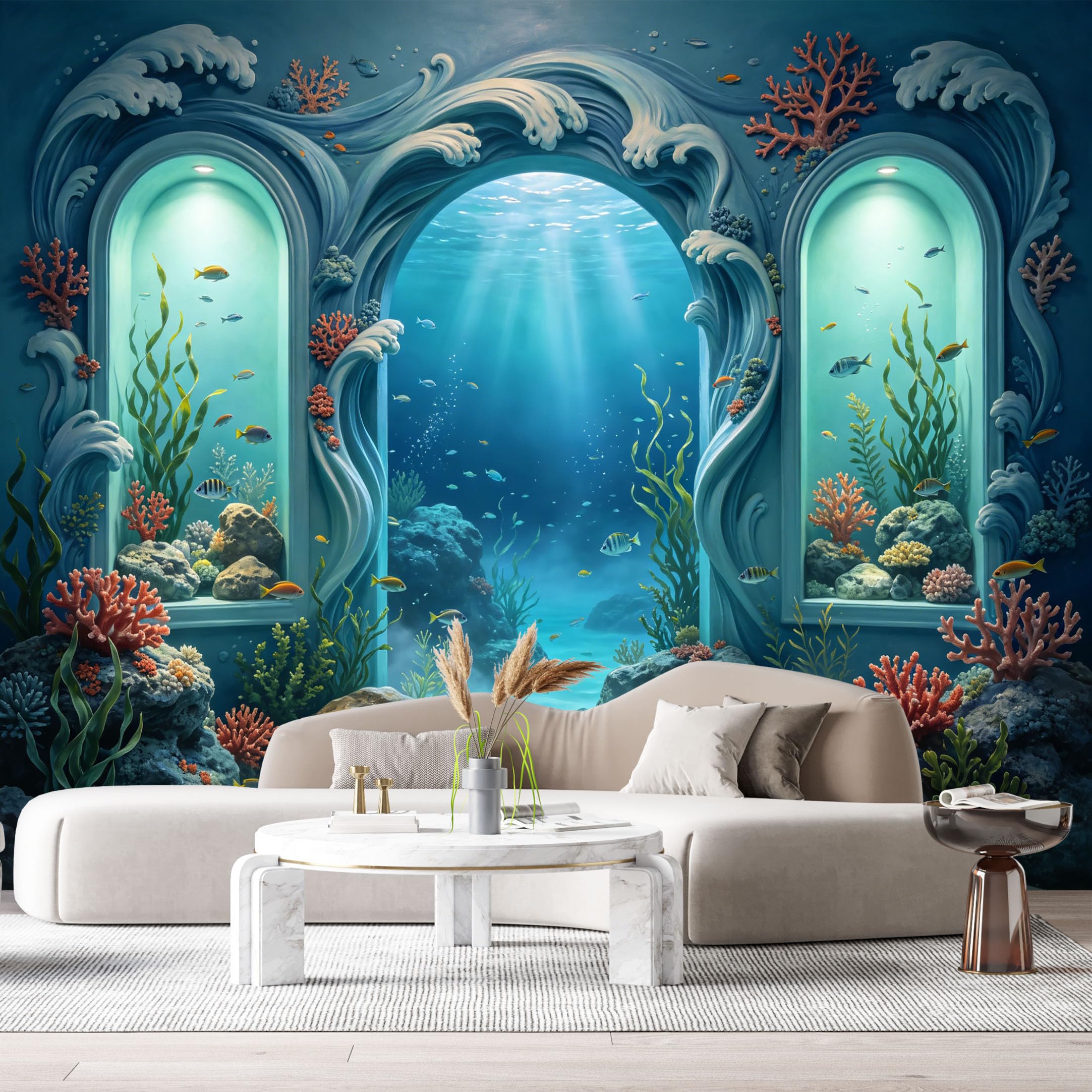 Custom Size Wall Murals Ocean Marine Grotto Cavern Underwater Oil Painting 3D Trompe L'Oeil SelfAdhesiveWall Fabric Removable Wallpaper Wall Decor for Living Room Bedroom Bathroom