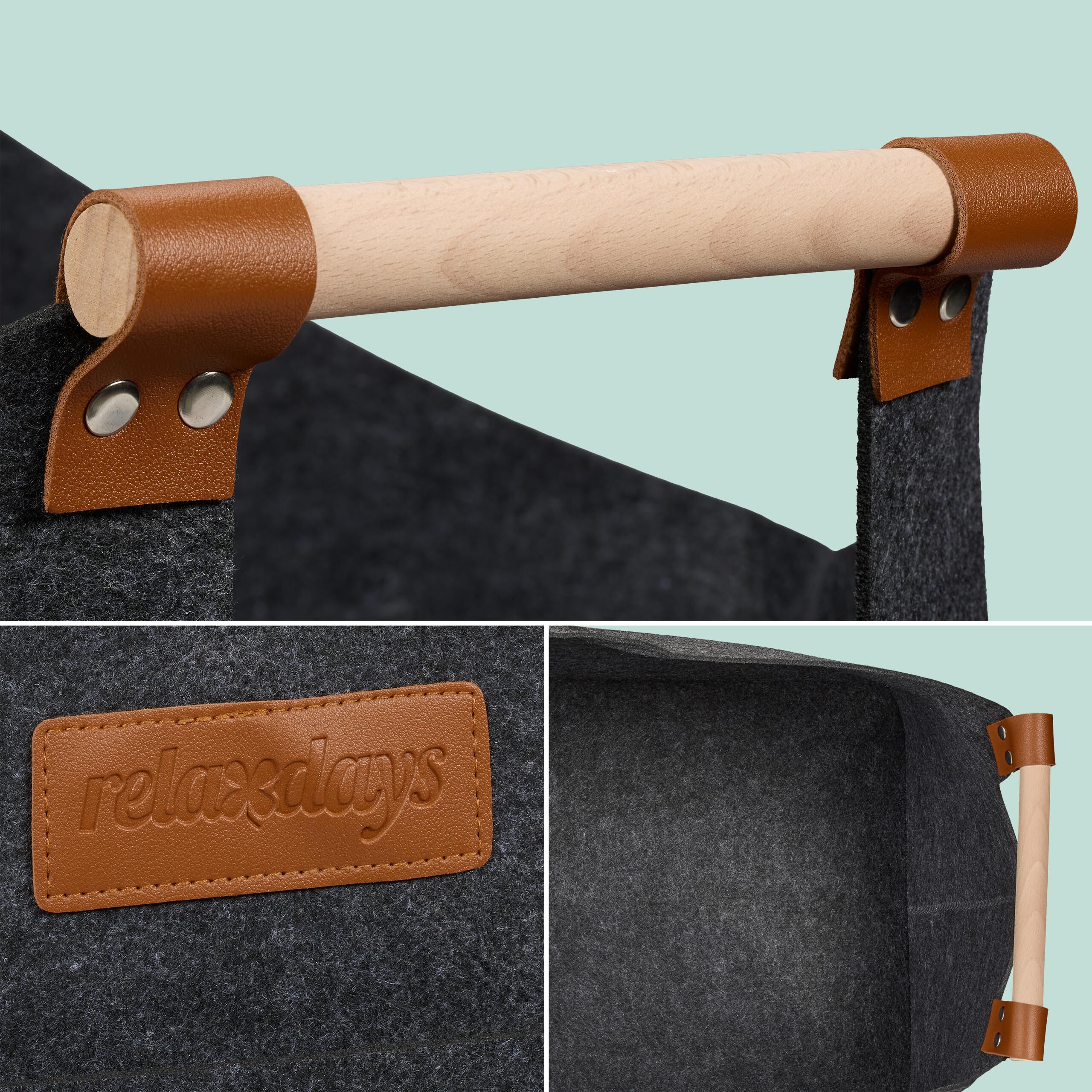 Relaxdays kosz na drewno, filc, 50 l, z uchwytami, wys. x szer. x gł.: 40 x 51 x 32 cm, kosz na drewno kominkowe, kosz do przechowywania, wewnętrzny, szary