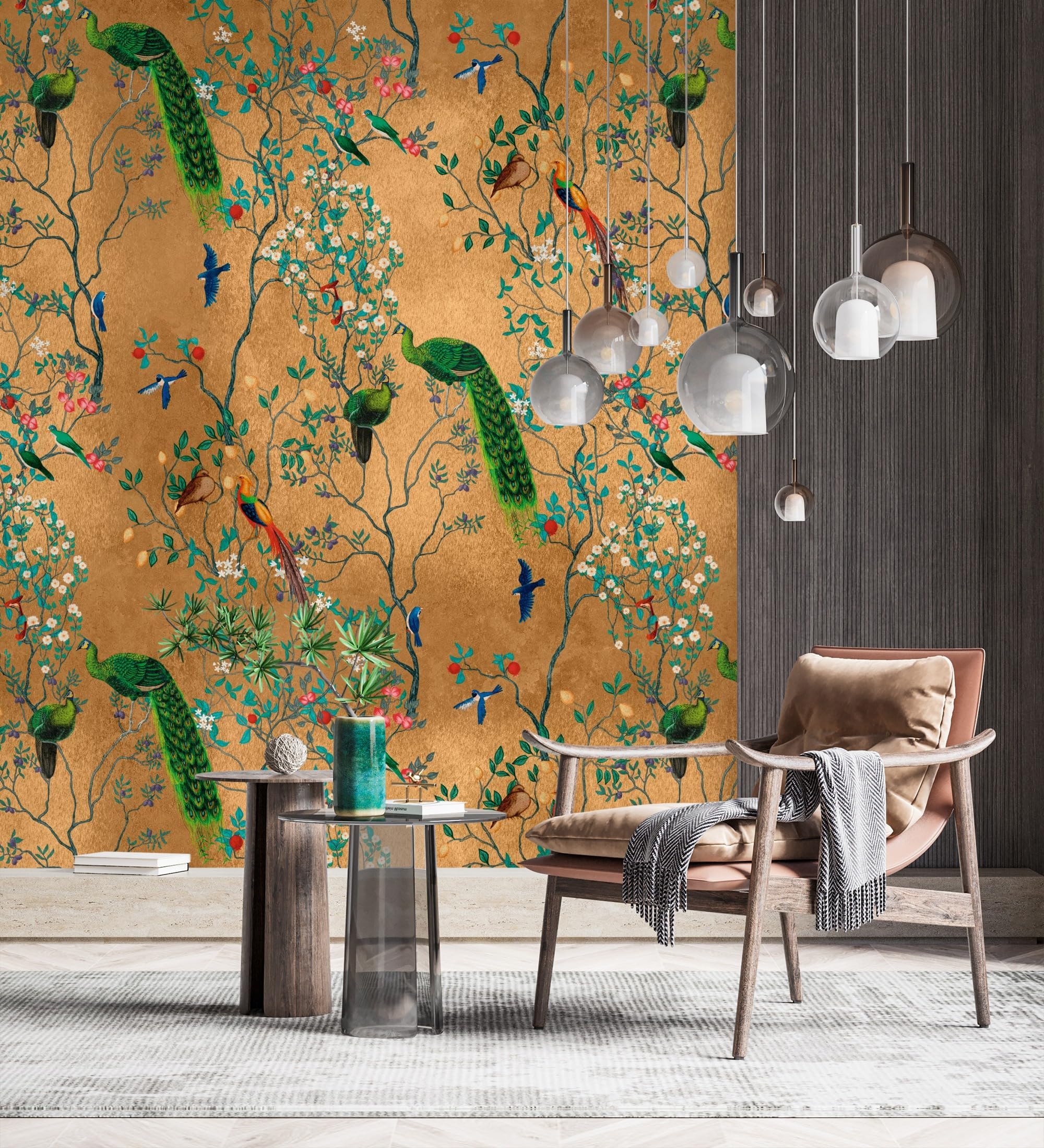 Papier peint vinyle mural paons oiseaux exotiques style japonais panoramique 2,80m
