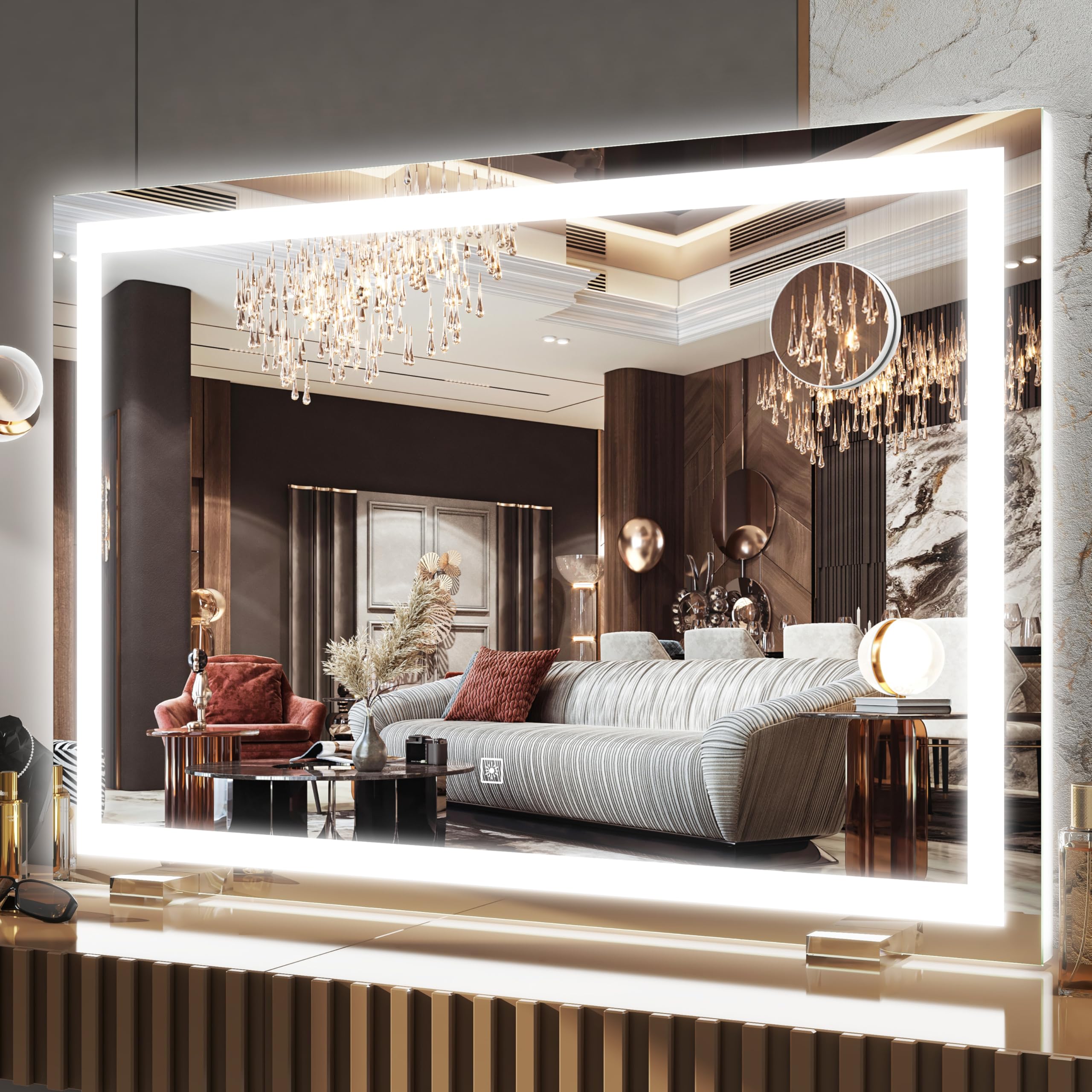 FENNIO Makeup Mirror with Lights 32"x22" ，LED Makeup Mirror ，Large Vanity Mirror with Lights，Touch Sensor with Dimmable 3 Modes, Square White
