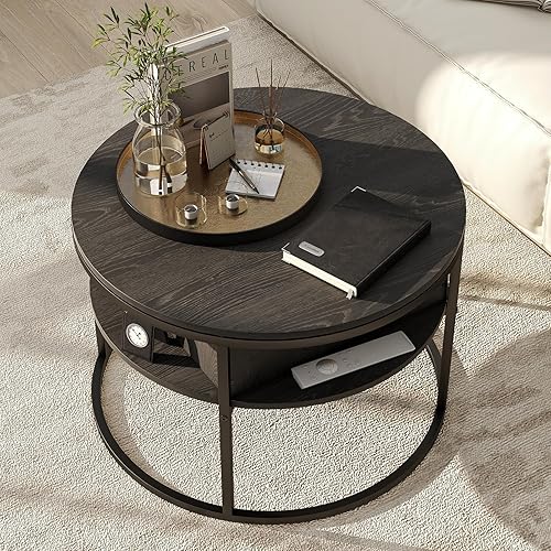 Miniatura 3 de HOJINLINERO Mesa de centro redonda elevable, con compartimento oculto de almacenamiento, decoración de mesa de centro de madera de granja Mesa de