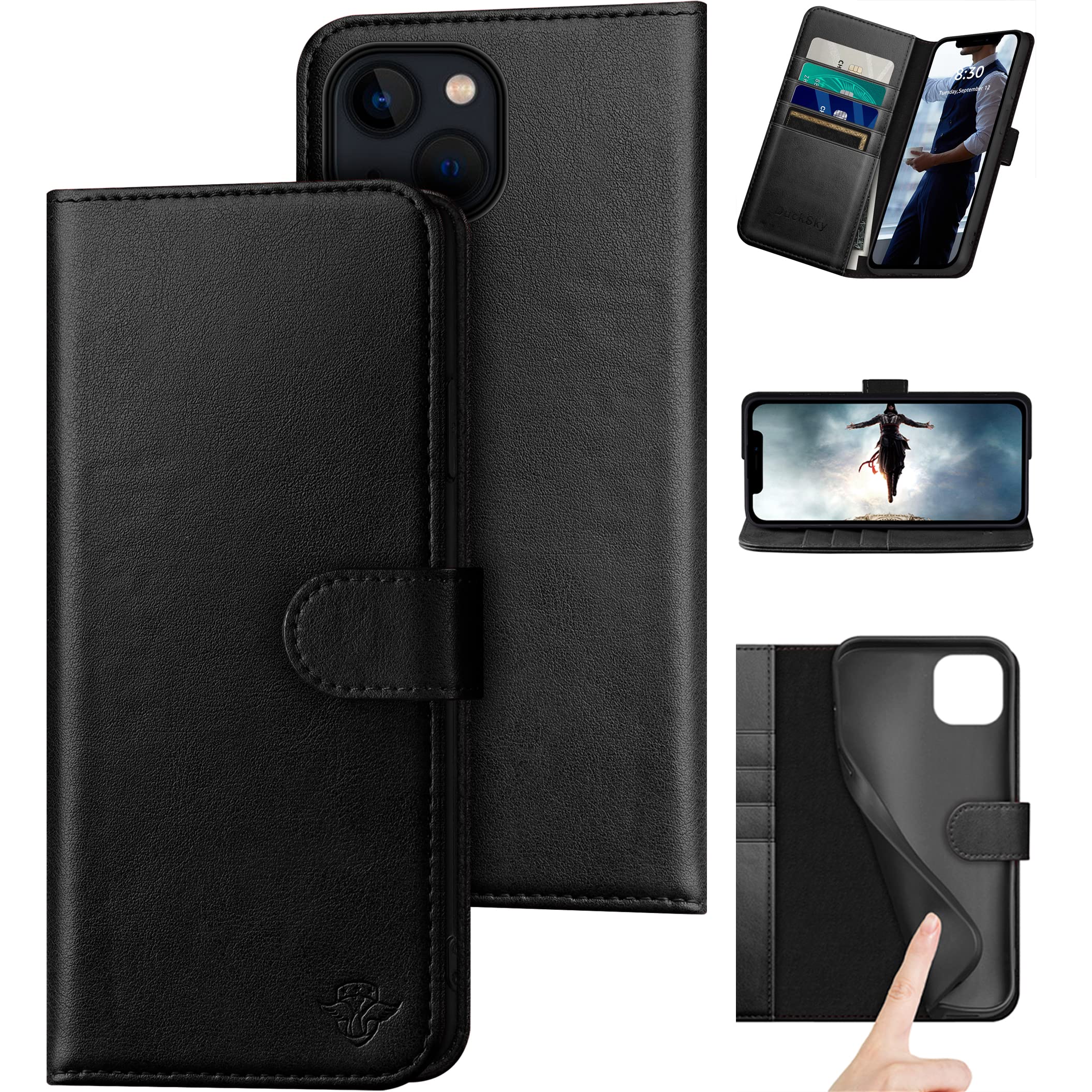 DuckSky for iPhone 14 6.1" Genuine Leather Wallet case 【RFID Blocking】【4 Credit Card Holder】【Real Leather】 Flip Folio Book Phone case Protective Cover Women Men for Apple 14 5G case Black