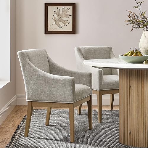 Miniatura 2 de Modway Alton Silla de comedor tapizada con brazos en lino natural – Silla de cocina acolchada moderna de mediados de siglo con patas de madera –