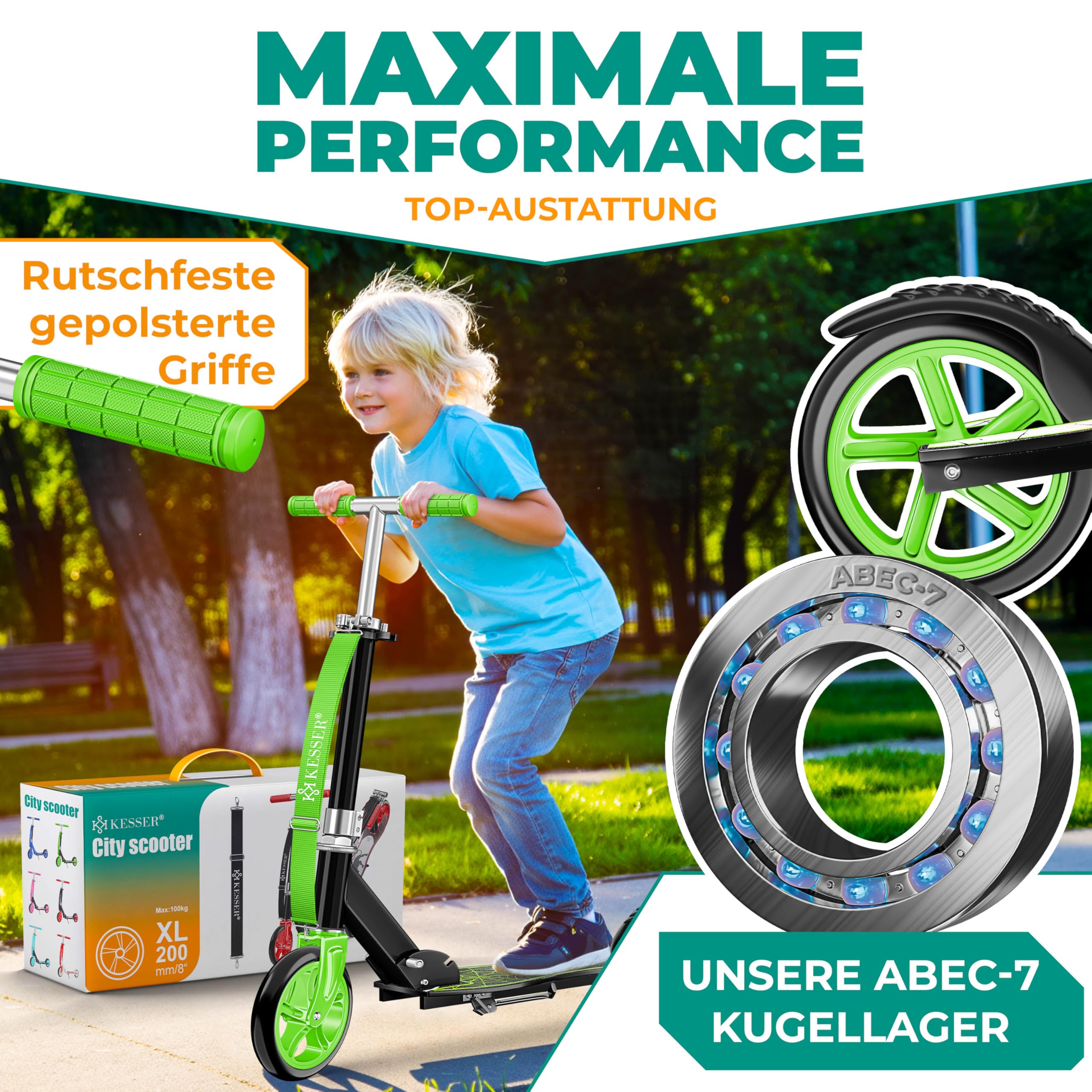 KESSER® City Scooter per Bambini, Monopattino Pieghevole Regolabile in Altezza, Scooter fino a 100 kg, Freno alla Ruota Posteriore, fino a 190 cm di Altezza, Cinghia di Trasporto inclusa