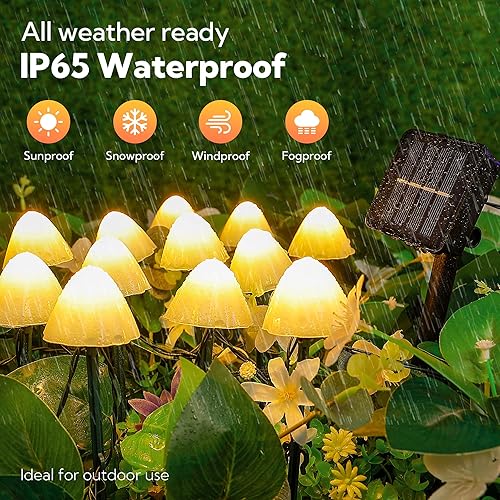 Miniatura 3 de Pellimo Juego de 12 luces solares de jardín de 14.5 pies, mini luces solares de hongos para exteriores, impermeables, 2 modos de luces de camino en