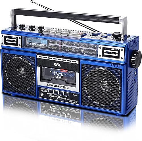 Miniatura 2 de QFX J-220BT Blue Boombox MP3 Conversión de radio a casete con radio de 4 bandas (AM, FM, SW1, SW2) con Bluetooth, altavoces duales de 3 pulgadas,