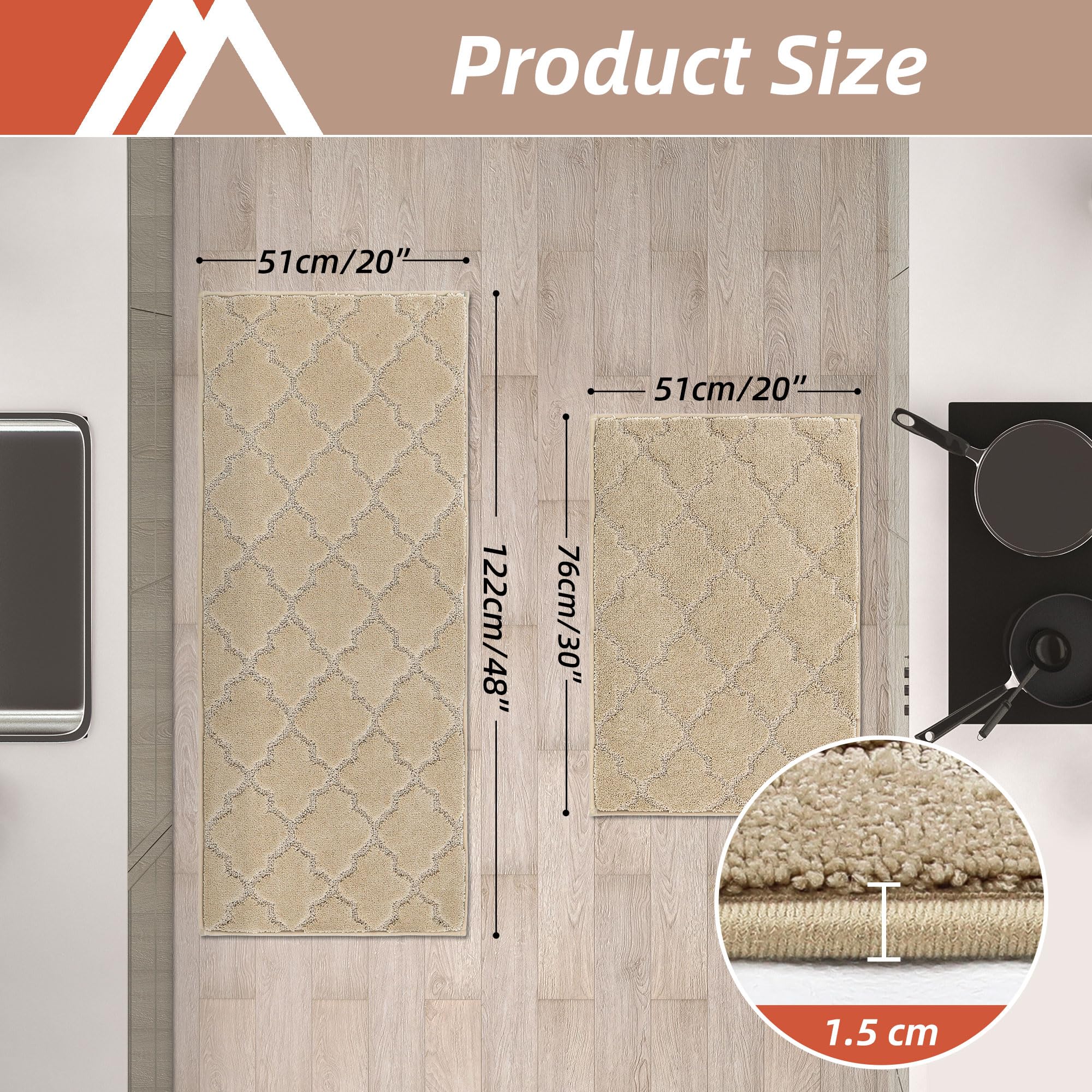COSY HOMEER Tappeto da cucina, lavabile antiscivolo, tappeto da cucina, corridoio e soggiorno (50 x 75 cm + 50 x 120 cm, beige chiaro)