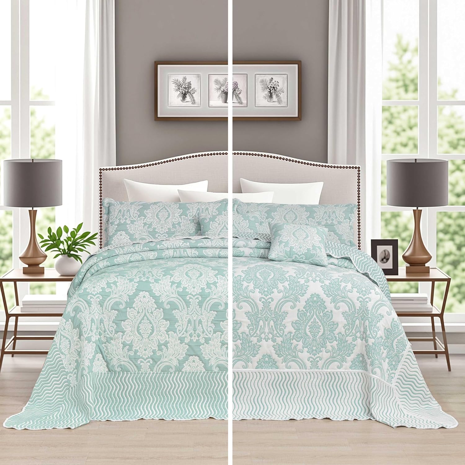 chiinvent Oversized King Bedspreads 128x120 Extra Wide Coverlet Sets, 5 Piece Double-Sided Damask Jacquard Large Quilts, Lightweight and Reversible, Widen Cal King, Mint Green