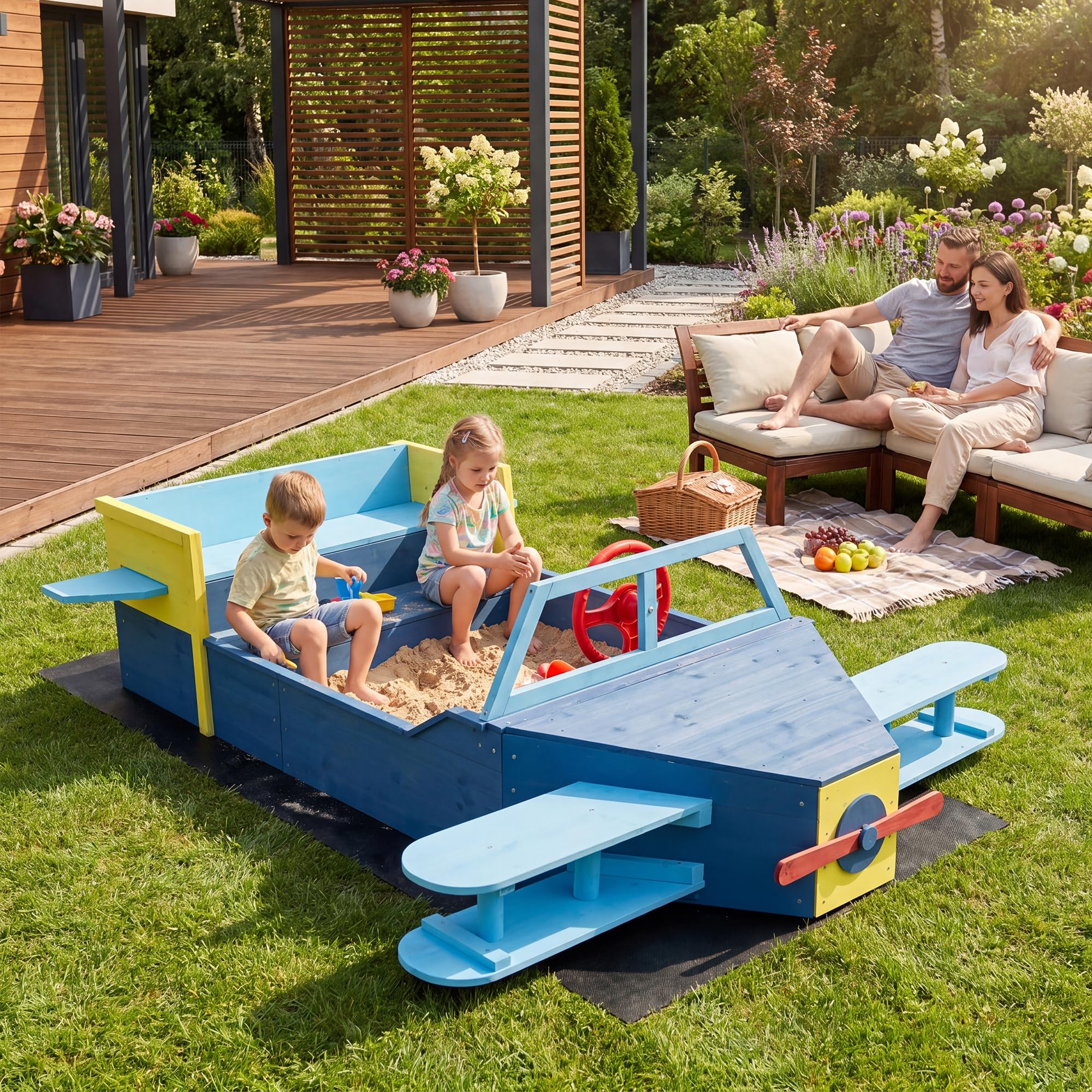 HOMASIS Arenero para Niños de Madera, Cajón de Arena para Jardín