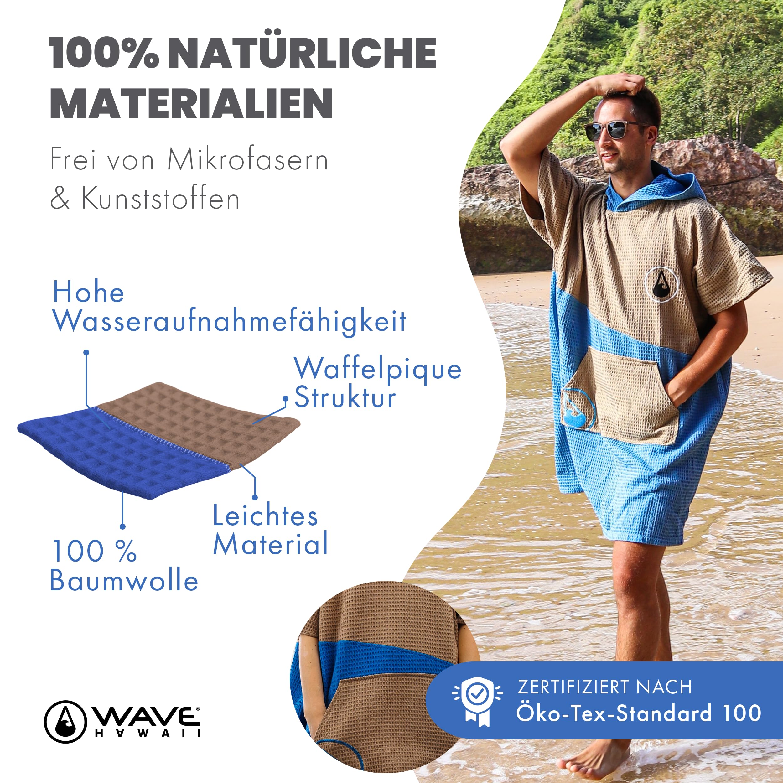 WAVE HAWAII Travel-Badeponcho Gr. L-XL 171-199cm & Reisehandtuch 130 x 80cm, Lighd, 100% Baumwolle, hochwertige Qualität, robust, Schlaufe, leicht, Strand, Urlaub, Outdoor, Camping, Vanlife
