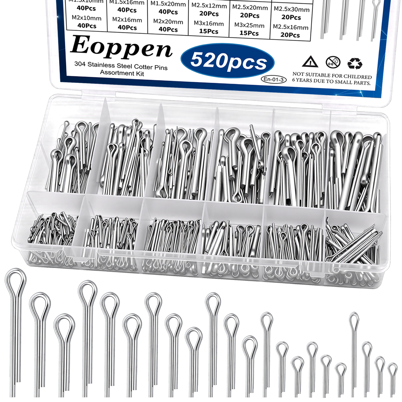 Image of 520Pcs Cotter Pin Assortment Kit - 304 Stainless Steel 24 Sizes Small Cotter Pin Set for Automotive, Trailer, Hitch Pin Lock System