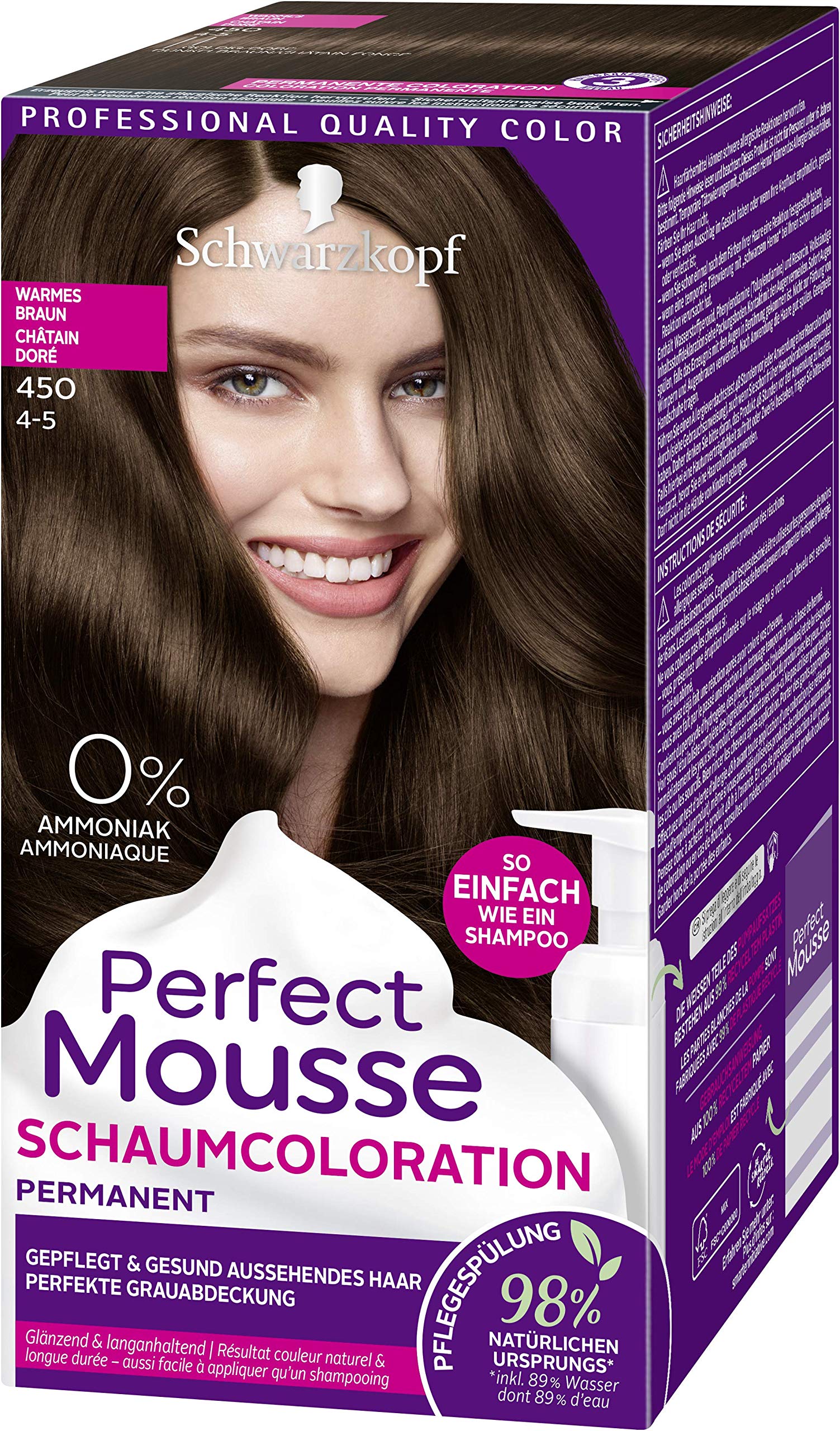 SCHWARZKOPF PERFECT MOUSSE Permanente Schaumcoloration 450 Warmes Braun Stufe 3, 3er Pack (3 x 92,5 ml)