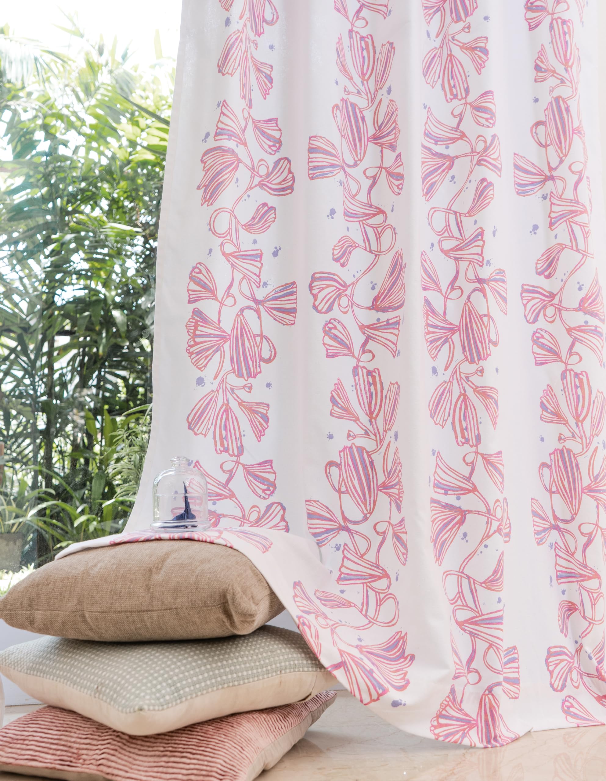 Tranquebar Curtain Co. Floral Print Door Curtain - Room Darkening, 213 cm (7 Feet), Pink, Set of 2, Cotton Fabric, BackTab, Phylo- Door Curtains 7 Feet Long, Living Room, Bedroom, Kids Room