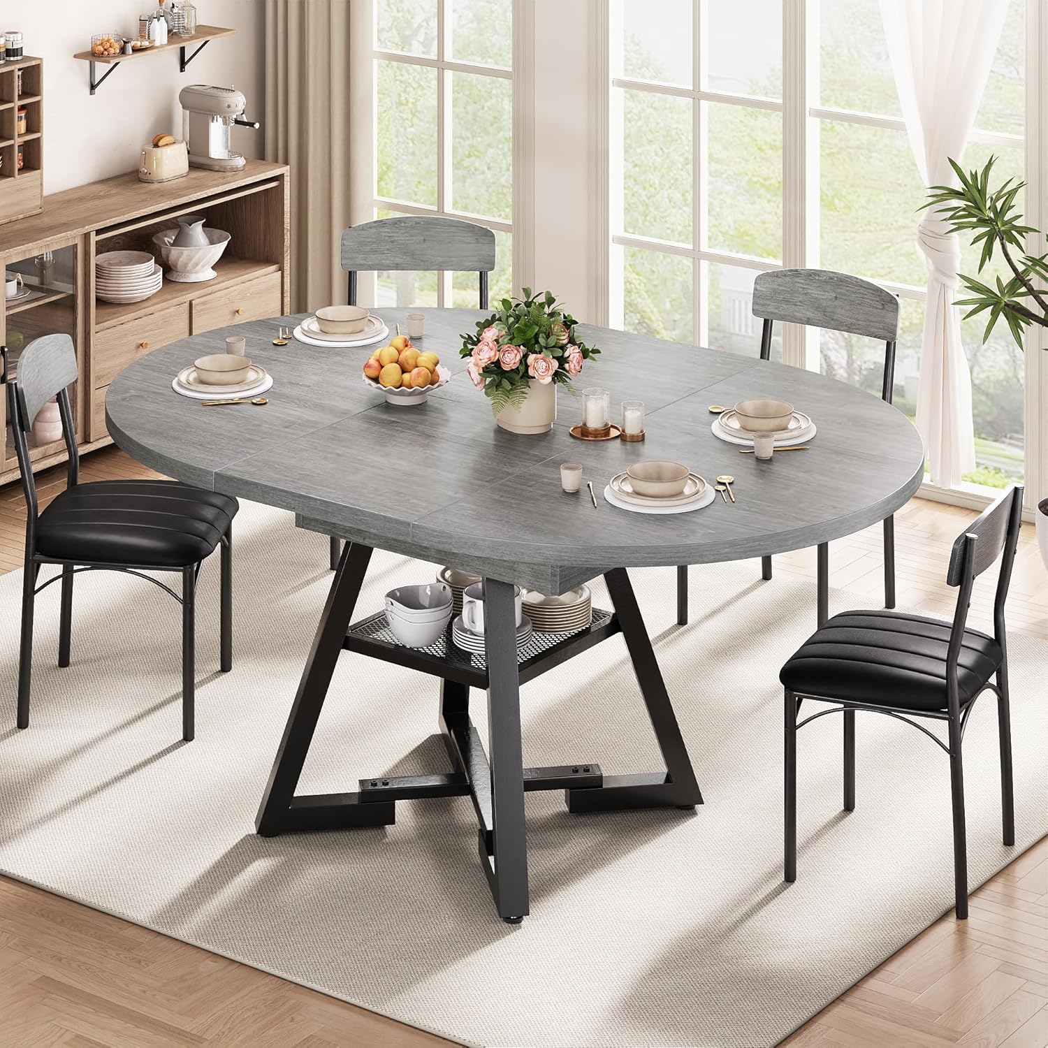 43‘’-57‘’ Extendable Round Dining Table for 4-6, Modern Industrial Kitchen Oval Dining Table with Removable Leaves, Space Saving Pedestal Base with Storage Shelf for Kitchen Living Room (Grey)