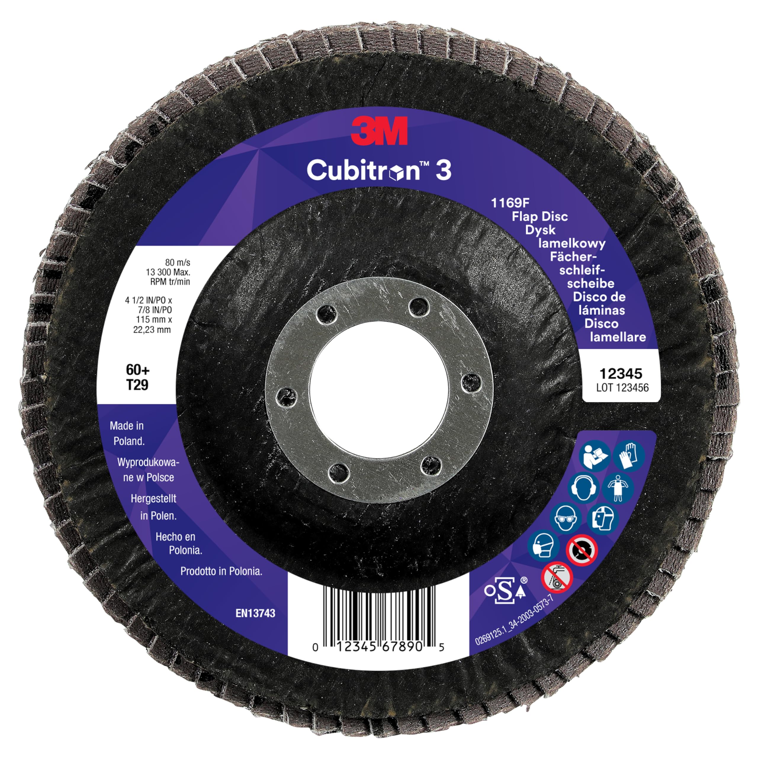 3M Cubitron 3 Flap Disc 1169F, 40+, T29-Conical, 115 mm x 22.23 mm, 10 per Package