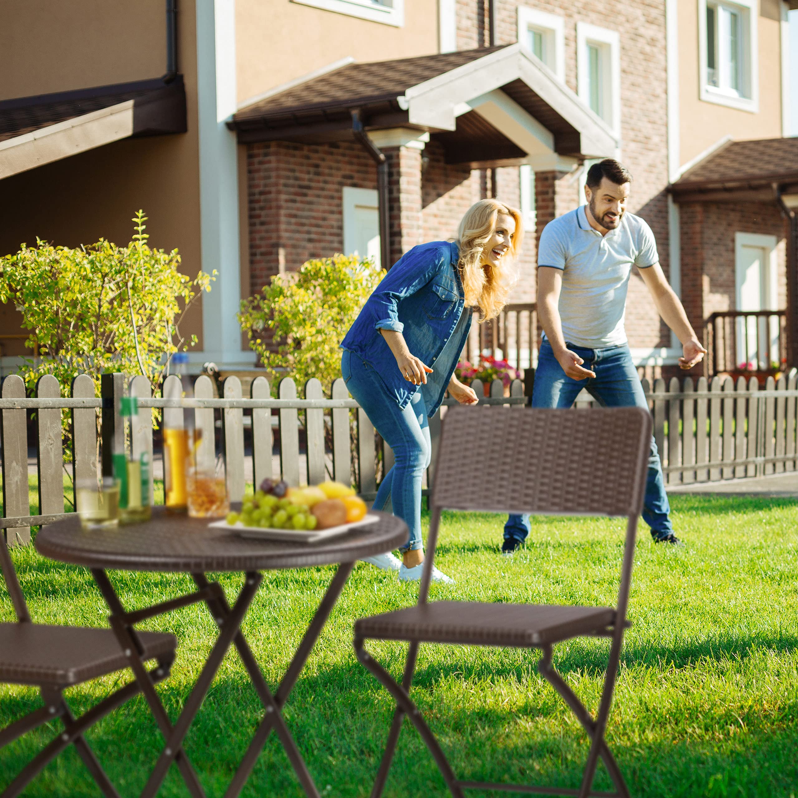 Outsunny 3-delig Tuinmeubelset, 2 Rattan Stoelen, 1 Tafel Met Metalen Blad Zitkussens Bistroset Beige Bruin~1ts2k6sai2001