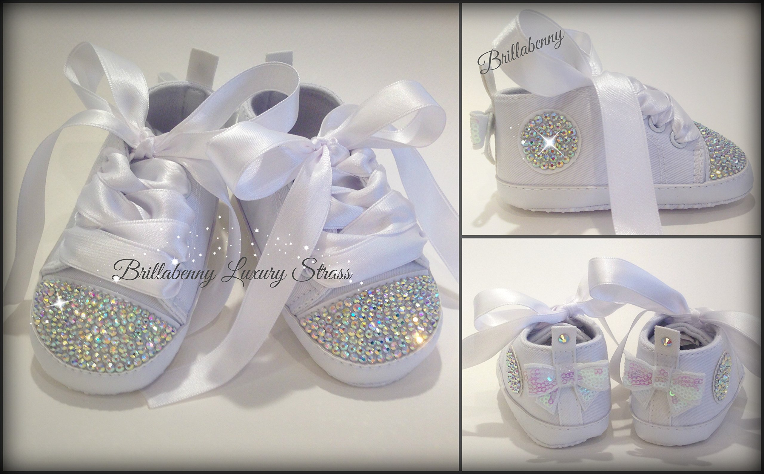 Scarpe Bambina 3-6 Mesi Bianche con Cristalli Strass, Sneakers Battesimo Bimba Neonato Taglia 18/19 (11cm) Bebè Luxury